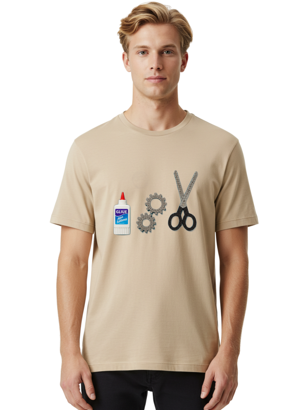 Gliue Men'S Graphic Tee, 100% Cotton, Comfortable Casual Summer Wear, Machine Washable, Bottle Of Glue, Scissors With Ruler Blades, Cogs, Crafting Supplies, Diy Project, Office Stationery, Repair Tools, Mechanical Parts, Art Project, Bad151