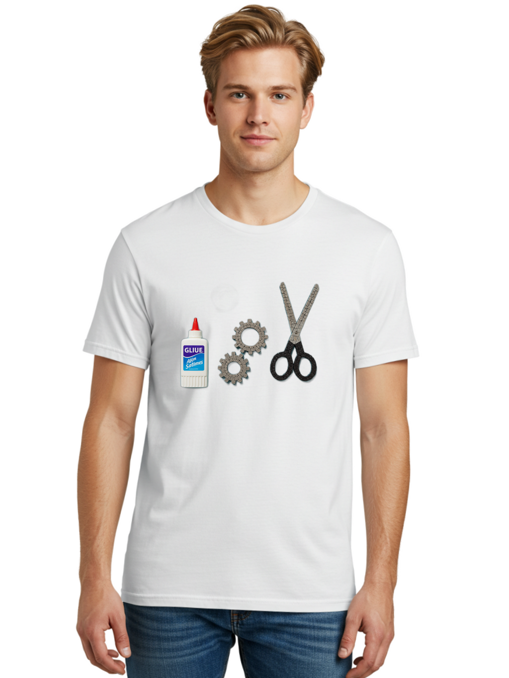 Gliue Men'S Graphic Tee, 100% Cotton, Comfortable Casual Summer Wear, Machine Washable, Bottle Of Glue, Scissors With Ruler Blades, Cogs, Crafting Supplies, Diy Project, Office Stationery, Repair Tools, Mechanical Parts, Art Project, Bad151