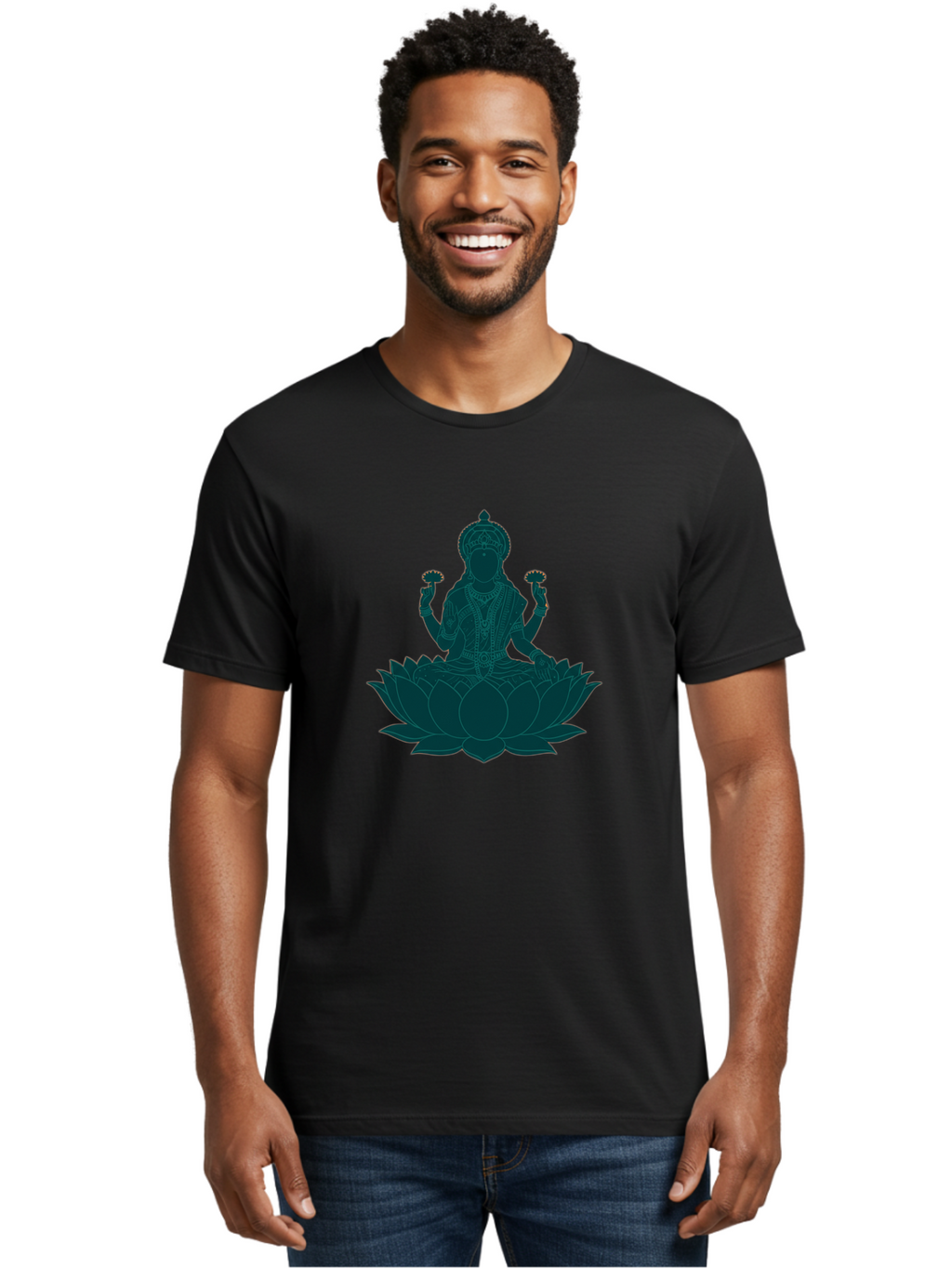 Goddess-Lakshmi Men'S Graphic Tee, 100% Cotton, Comfortable Casual Summer Wear, Machine Washable, Goddess Lakshmi, Lotus Flower, Spiritual Symbolism, Hindu Mythology, Sacred Geometry, Peaceful Pose, Sacred Lotus, Divine Energy, Prosperity, Bad154