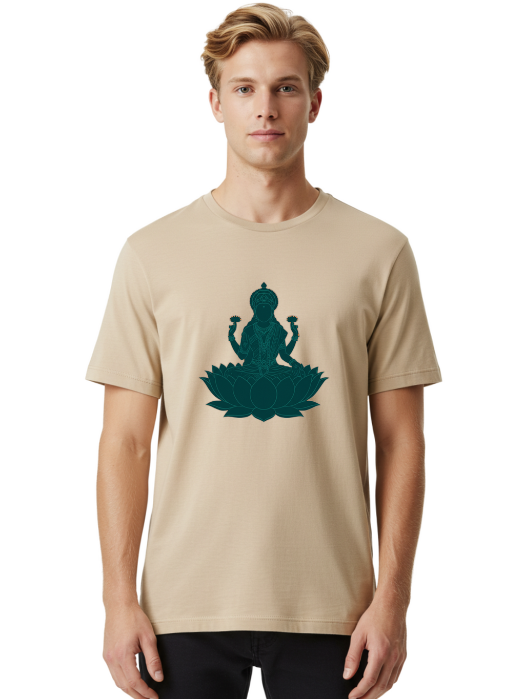Goddess-Lakshmi Men'S Graphic Tee, 100% Cotton, Comfortable Casual Summer Wear, Machine Washable, Goddess Lakshmi, Lotus Flower, Spiritual Symbolism, Hindu Mythology, Sacred Geometry, Peaceful Pose, Sacred Lotus, Divine Energy, Prosperity, Bad154
