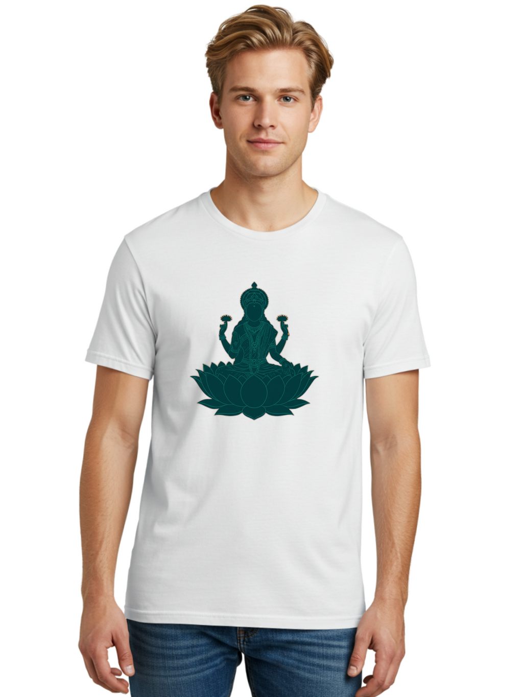 Goddess-Lakshmi Men'S Graphic Tee, 100% Cotton, Comfortable Casual Summer Wear, Machine Washable, Goddess Lakshmi, Lotus Flower, Spiritual Symbolism, Hindu Mythology, Sacred Geometry, Peaceful Pose, Sacred Lotus, Divine Energy, Prosperity, Bad154