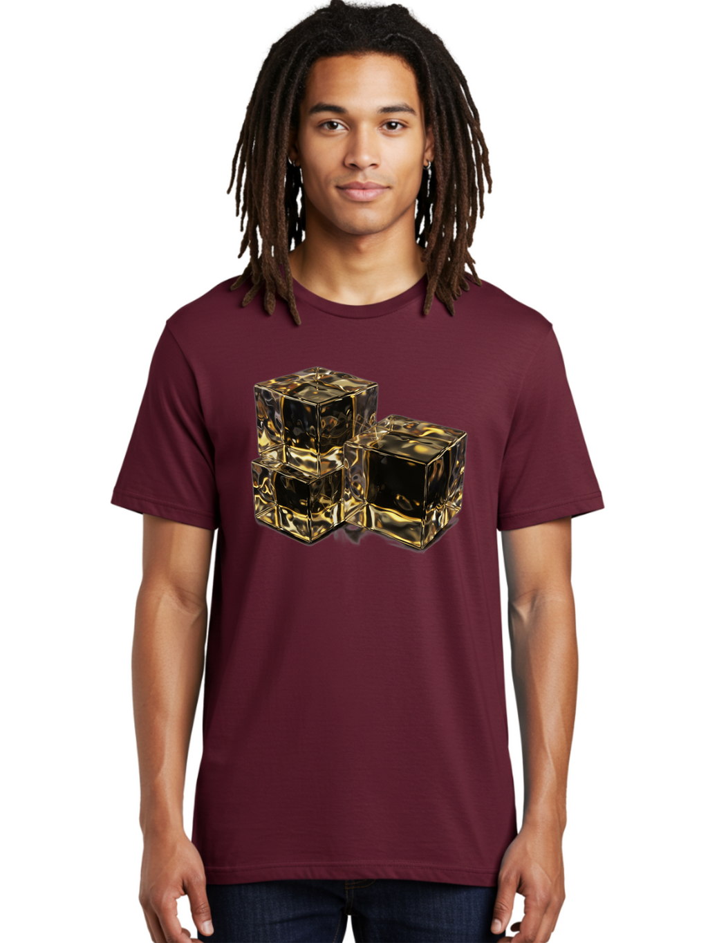 Gold-Cubes Men'S Graphic Tee, 100% Cotton, Comfortable Casual Summer Wear, Machine Washable, Glass Cubes, Reflective Surface, Abstract Art, Modern Design, Geometric Shapes, Transparent Objects, Luxury Feel, Contemporary Aesthetics Bad155