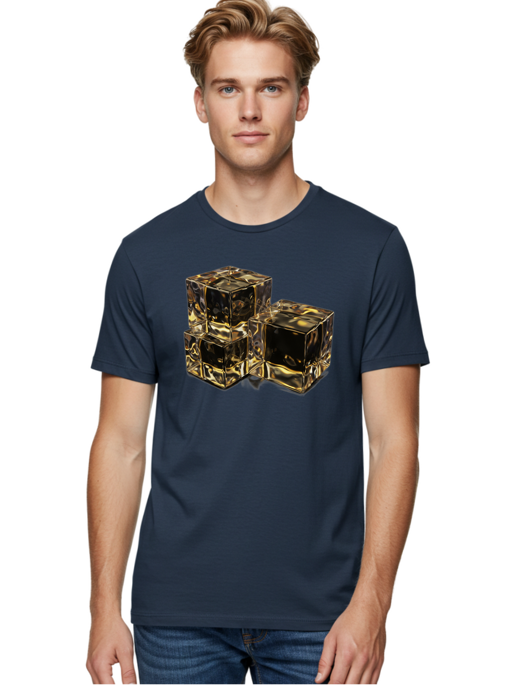 Gold-Cubes Men'S Graphic Tee, 100% Cotton, Comfortable Casual Summer Wear, Machine Washable, Glass Cubes, Reflective Surface, Abstract Art, Modern Design, Geometric Shapes, Transparent Objects, Luxury Feel, Contemporary Aesthetics Bad155