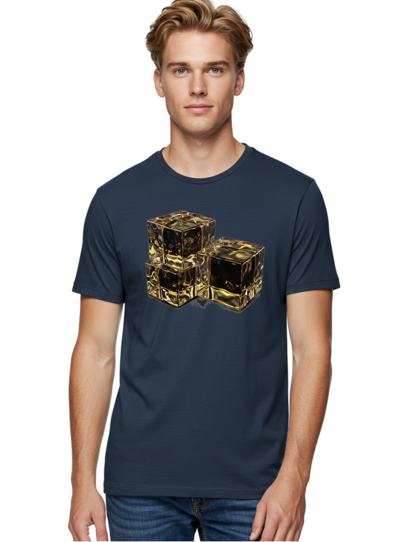 Gold-Cubes Men'S Graphic Tee, 100% Cotton, Comfortable Casual Summer Wear, Machine Washable, Glass Cubes, Reflective Surface, Abstract Art, Modern Design, Geometric Shapes, Transparent Objects, Luxury Feel, Contemporary Aesthetics Bad155