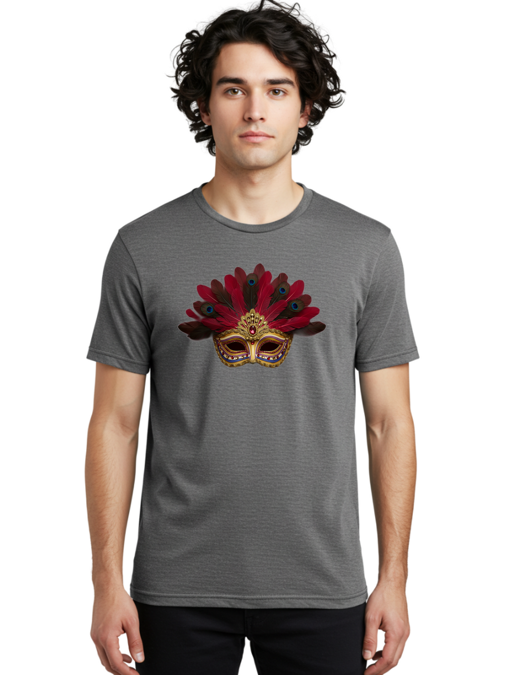 Gold-Venetian-Mask Men'S Graphic Tee, 100% Cotton, Comfortable Casual Summer Wear, Machine Washable, Venetian Mask, Gold Masquerade, Red Feathers, Peacock Feathers, Mardi Gras, Carnival, Jewels, Gems, Luxury, Elegance, Sophisticated, Bad157
