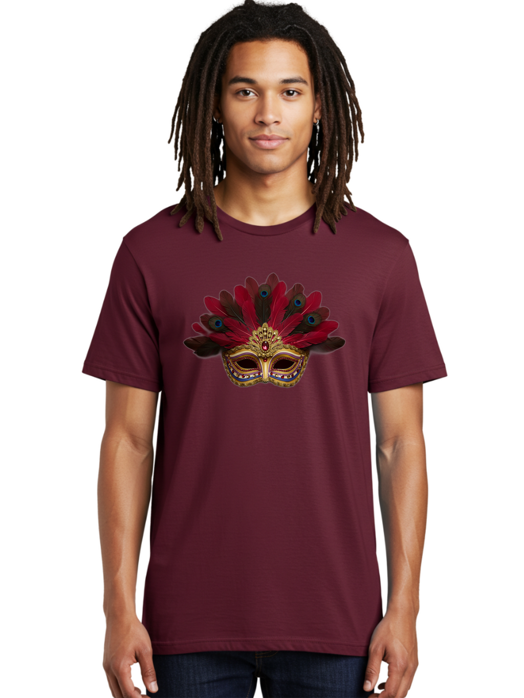 Gold-Venetian-Mask Men'S Graphic Tee, 100% Cotton, Comfortable Casual Summer Wear, Machine Washable, Venetian Mask, Gold Masquerade, Red Feathers, Peacock Feathers, Mardi Gras, Carnival, Jewels, Gems, Luxury, Elegance, Sophisticated, Bad157