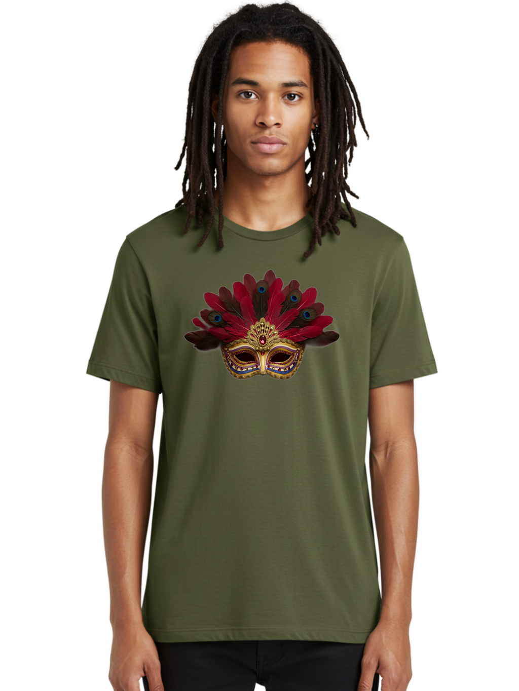 Gold-Venetian-Mask Men'S Graphic Tee, 100% Cotton, Comfortable Casual Summer Wear, Machine Washable, Venetian Mask, Gold Masquerade, Red Feathers, Peacock Feathers, Mardi Gras, Carnival, Jewels, Gems, Luxury, Elegance, Sophisticated, Bad157