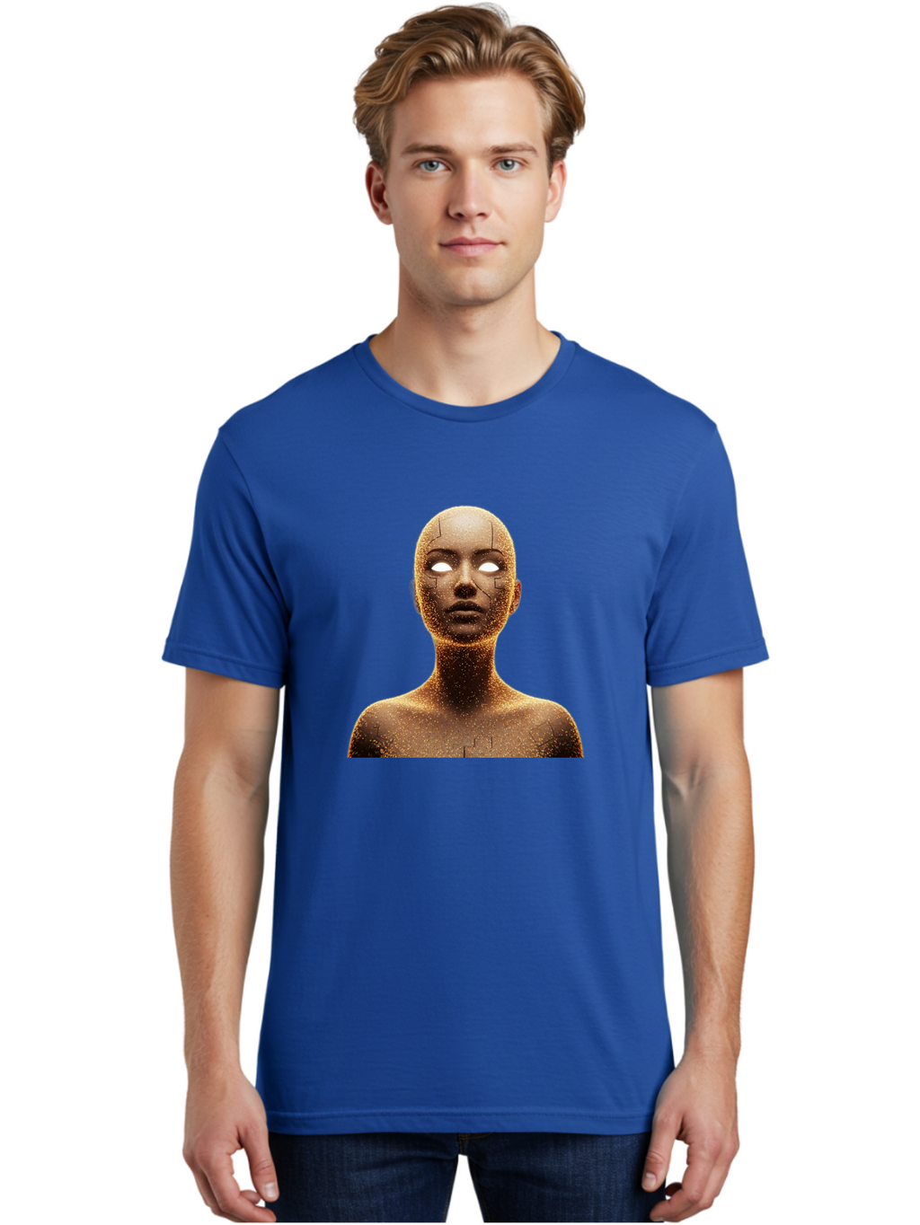 Golden-Mannequin Men'S Graphic Tee, 100% Cotton, Comfortable Casual Summer Wear, Machine Washable, Cracked Mannequin, Glowing Eyes, Brown Dusty Texture, Robotic Face, Futuristic Design, Modern Art, Surreal Atmosphere, Abstract Portrait Bad158