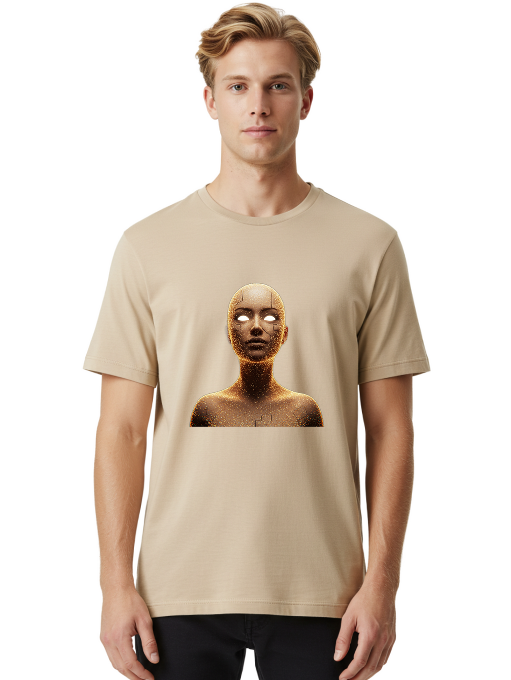 Golden-Mannequin Men'S Graphic Tee, 100% Cotton, Comfortable Casual Summer Wear, Machine Washable, Cracked Mannequin, Glowing Eyes, Brown Dusty Texture, Robotic Face, Futuristic Design, Modern Art, Surreal Atmosphere, Abstract Portrait Bad158
