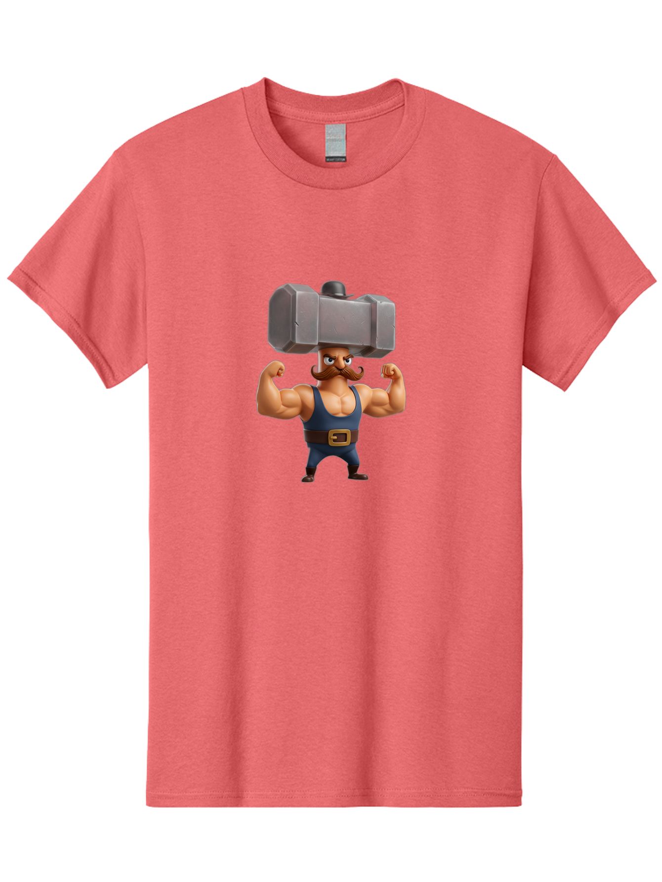 Golem Men'S Graphic Tee, 100% Cotton, Comfortable Casual Summer Wear, Machine Washable, Cartoon Character, Muscular Man, Blue Singlet, Big Mustache, Flexed Biceps, Strongman Pose, Fantasy Creature, Video Game Character, 3D Illustration, Bad160