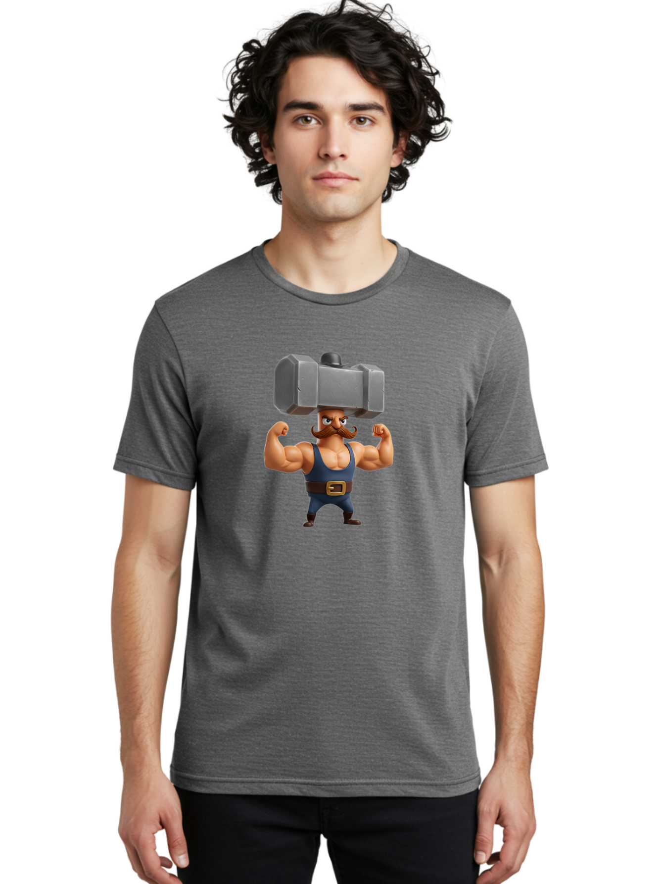 Golem Men'S Graphic Tee, 100% Cotton, Comfortable Casual Summer Wear, Machine Washable, Cartoon Character, Muscular Man, Blue Singlet, Big Mustache, Flexed Biceps, Strongman Pose, Fantasy Creature, Video Game Character, 3D Illustration, Bad160