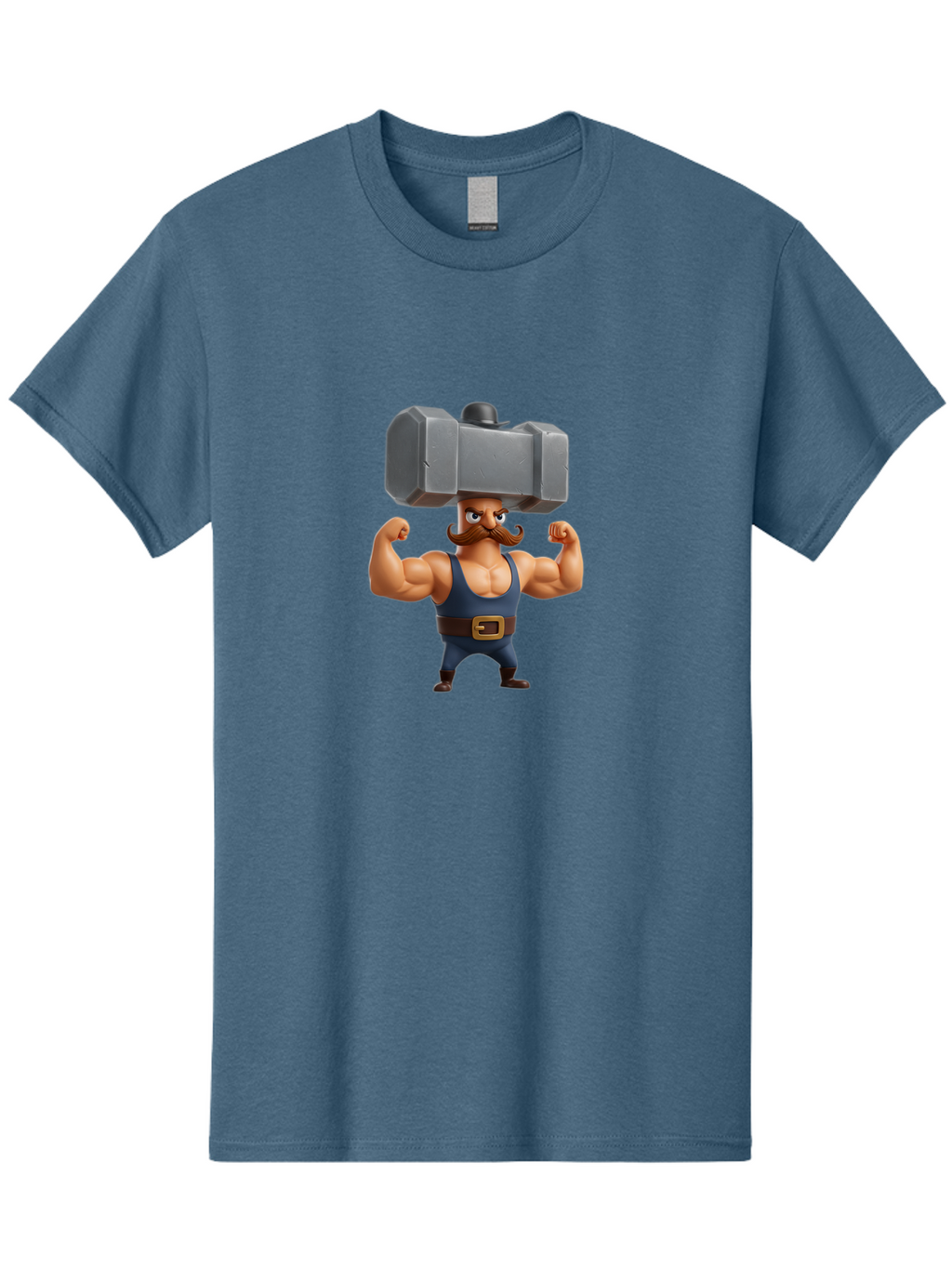 Golem Men'S Graphic Tee, 100% Cotton, Comfortable Casual Summer Wear, Machine Washable, Cartoon Character, Muscular Man, Blue Singlet, Big Mustache, Flexed Biceps, Strongman Pose, Fantasy Creature, Video Game Character, 3D Illustration, Bad160