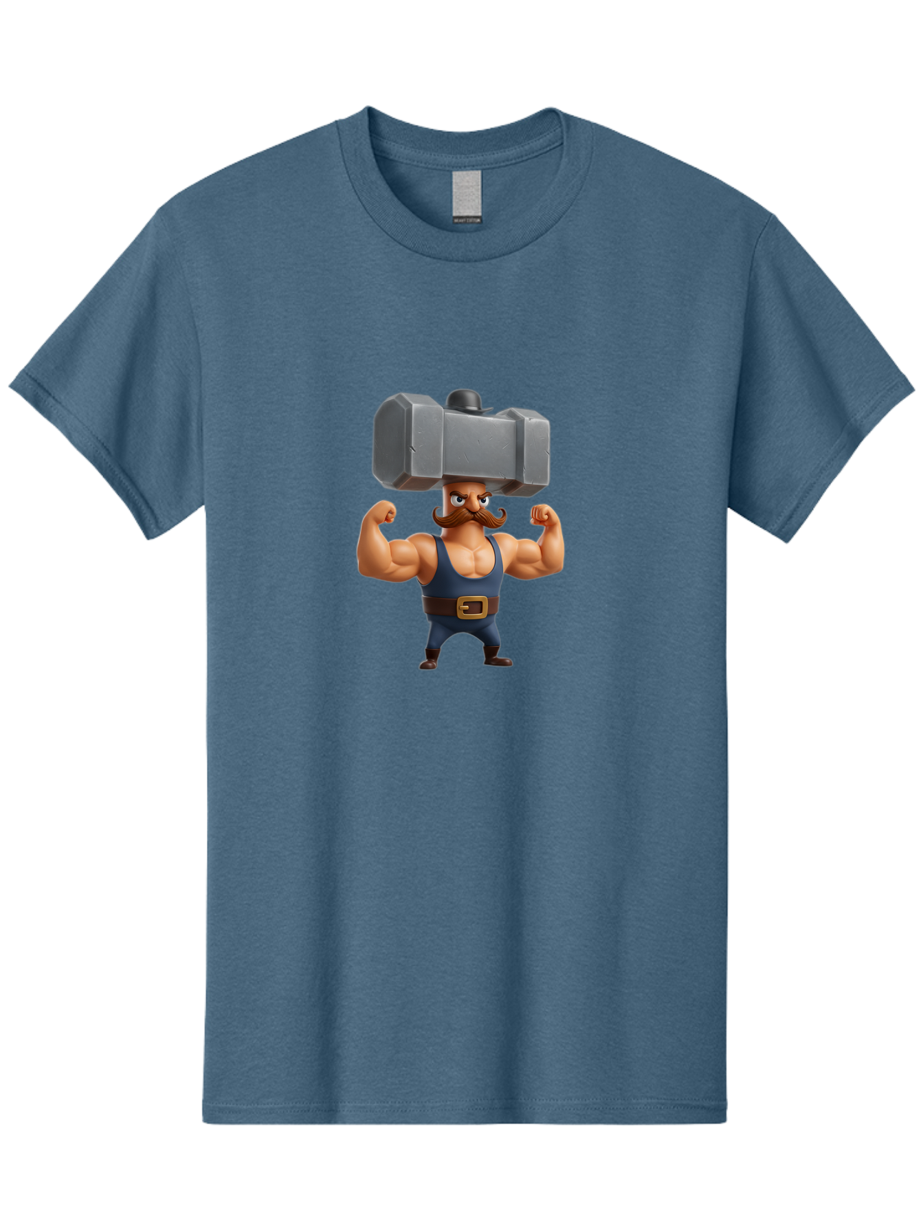 Golem Men'S Graphic Tee, 100% Cotton, Comfortable Casual Summer Wear, Machine Washable, Cartoon Character, Muscular Man, Blue Singlet, Big Mustache, Flexed Biceps, Strongman Pose, Fantasy Creature, Video Game Character, 3D Illustration, Bad160