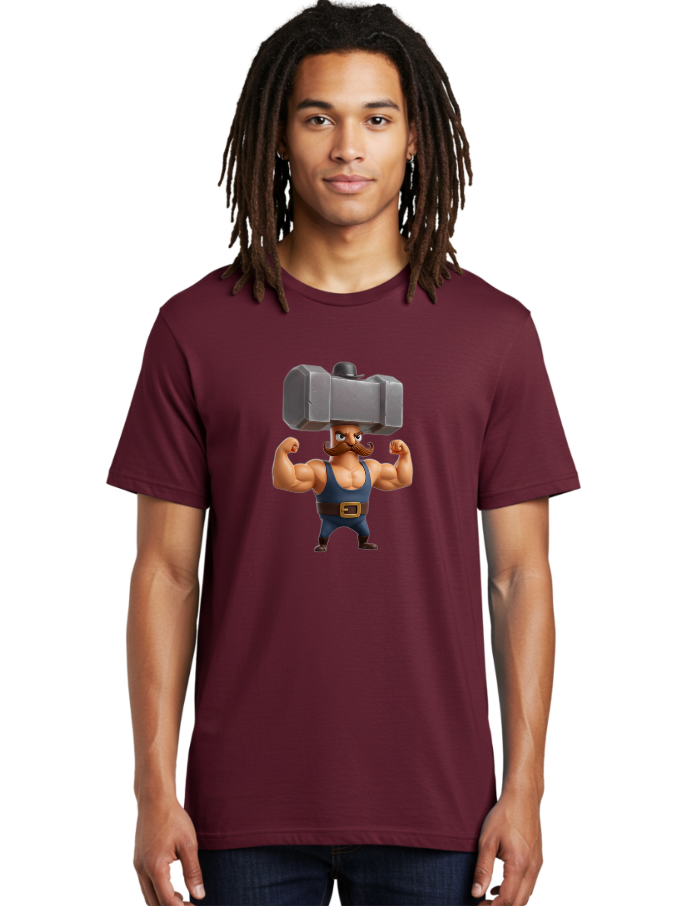 Golem Men'S Graphic Tee, 100% Cotton, Comfortable Casual Summer Wear, Machine Washable, Cartoon Character, Muscular Man, Blue Singlet, Big Mustache, Flexed Biceps, Strongman Pose, Fantasy Creature, Video Game Character, 3D Illustration, Bad160