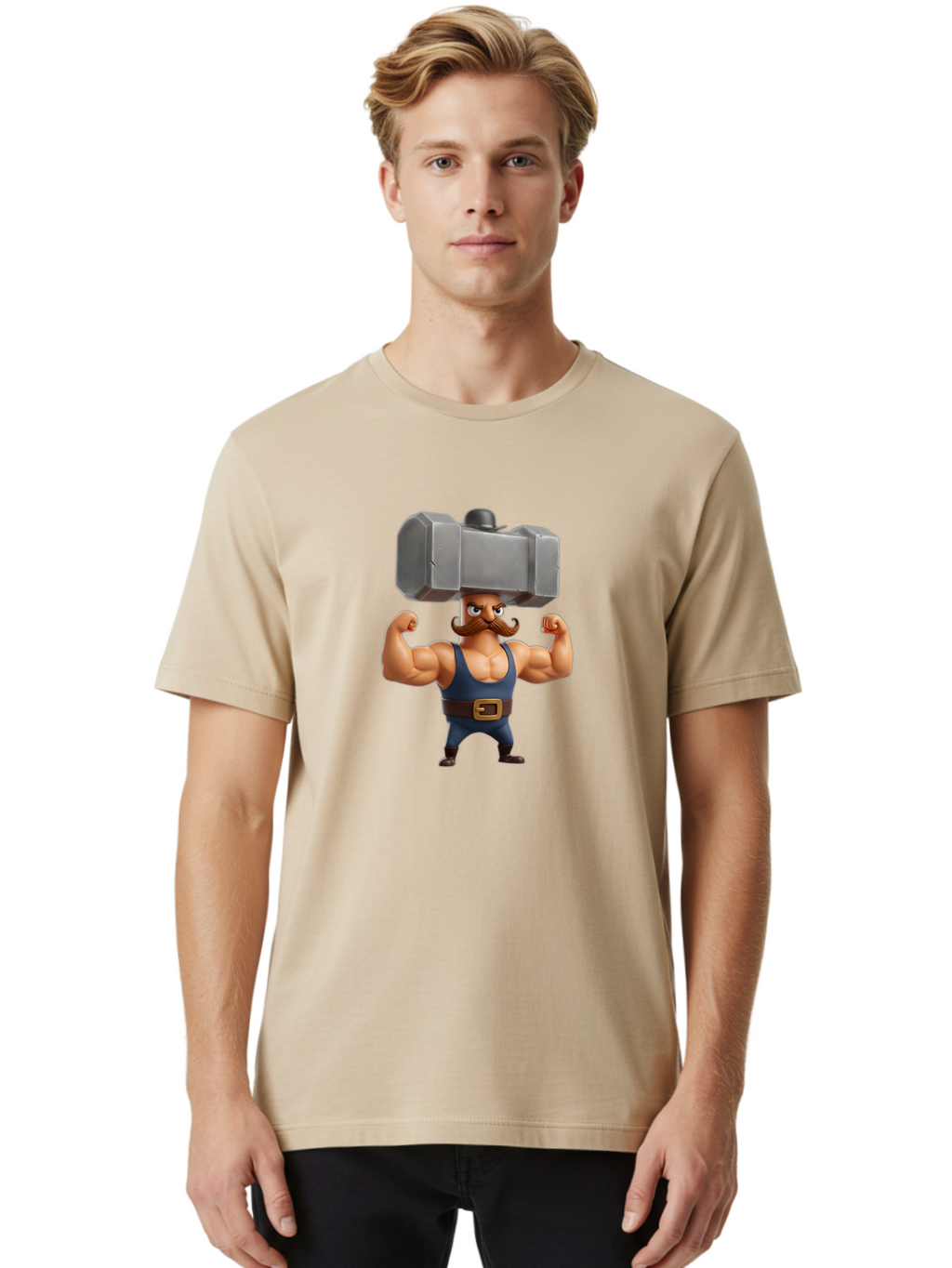 Golem Men'S Graphic Tee, 100% Cotton, Comfortable Casual Summer Wear, Machine Washable, Cartoon Character, Muscular Man, Blue Singlet, Big Mustache, Flexed Biceps, Strongman Pose, Fantasy Creature, Video Game Character, 3D Illustration, Bad160
