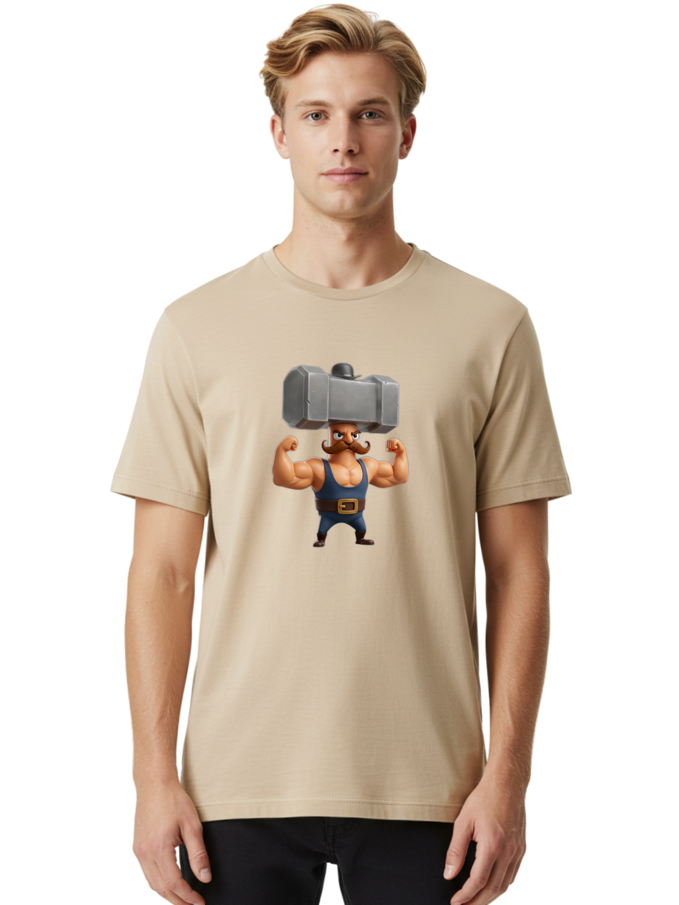 Golem Men'S Graphic Tee, 100% Cotton, Comfortable Casual Summer Wear, Machine Washable, Cartoon Character, Muscular Man, Blue Singlet, Big Mustache, Flexed Biceps, Strongman Pose, Fantasy Creature, Video Game Character, 3D Illustration, Bad160