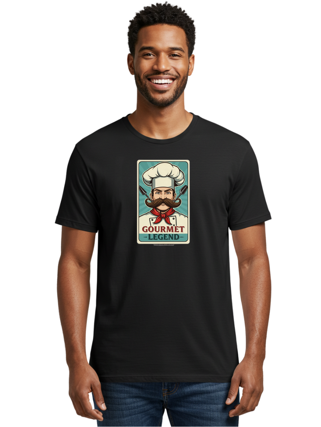 Gourmet-Legend Men'S Graphic Tee, 100% Cotton, Comfortable Casual Summer Wear, Machine Washable, Cartoon Chef, Luxury Cuisine, Fine Dining, Gourmet Food, Chef'S Hat, Red Bandana, Curved Mustache, Kitchen Knives, Gourmet Legend, Culinary Art Bad161