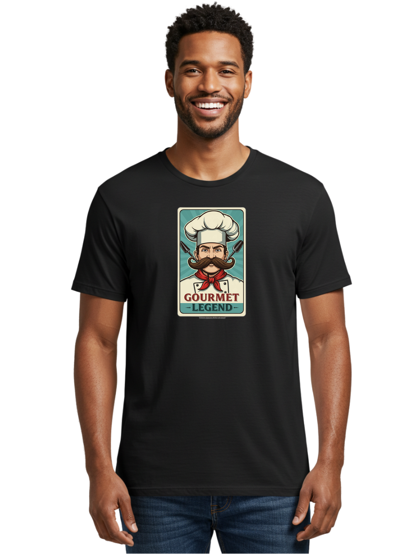 Gourmet-Legend Men'S Graphic Tee, 100% Cotton, Comfortable Casual Summer Wear, Machine Washable, Cartoon Chef, Luxury Cuisine, Fine Dining, Gourmet Food, Chef'S Hat, Red Bandana, Curved Mustache, Kitchen Knives, Gourmet Legend, Culinary Art Bad161