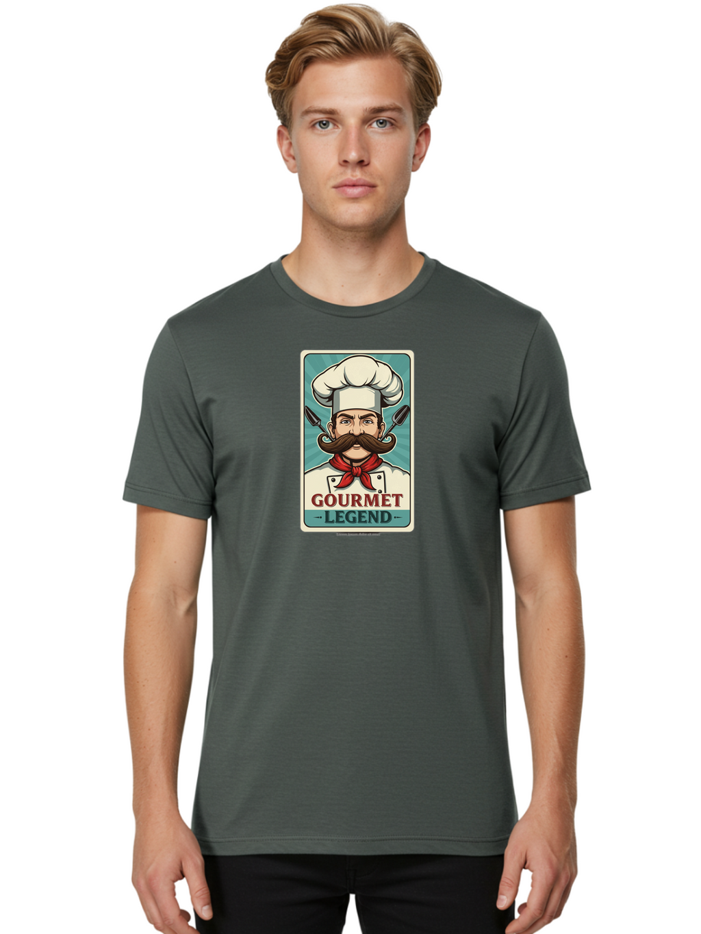 Gourmet-Legend Men'S Graphic Tee, 100% Cotton, Comfortable Casual Summer Wear, Machine Washable, Cartoon Chef, Luxury Cuisine, Fine Dining, Gourmet Food, Chef'S Hat, Red Bandana, Curved Mustache, Kitchen Knives, Gourmet Legend, Culinary Art Bad161