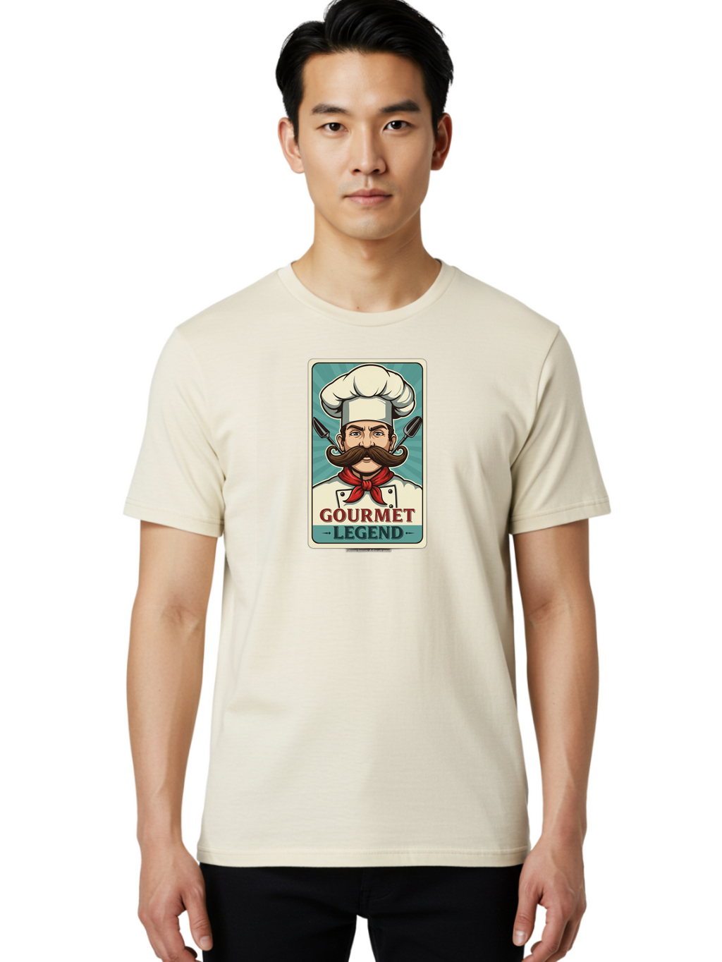 Gourmet-Legend Men'S Graphic Tee, 100% Cotton, Comfortable Casual Summer Wear, Machine Washable, Cartoon Chef, Luxury Cuisine, Fine Dining, Gourmet Food, Chef'S Hat, Red Bandana, Curved Mustache, Kitchen Knives, Gourmet Legend, Culinary Art Bad161