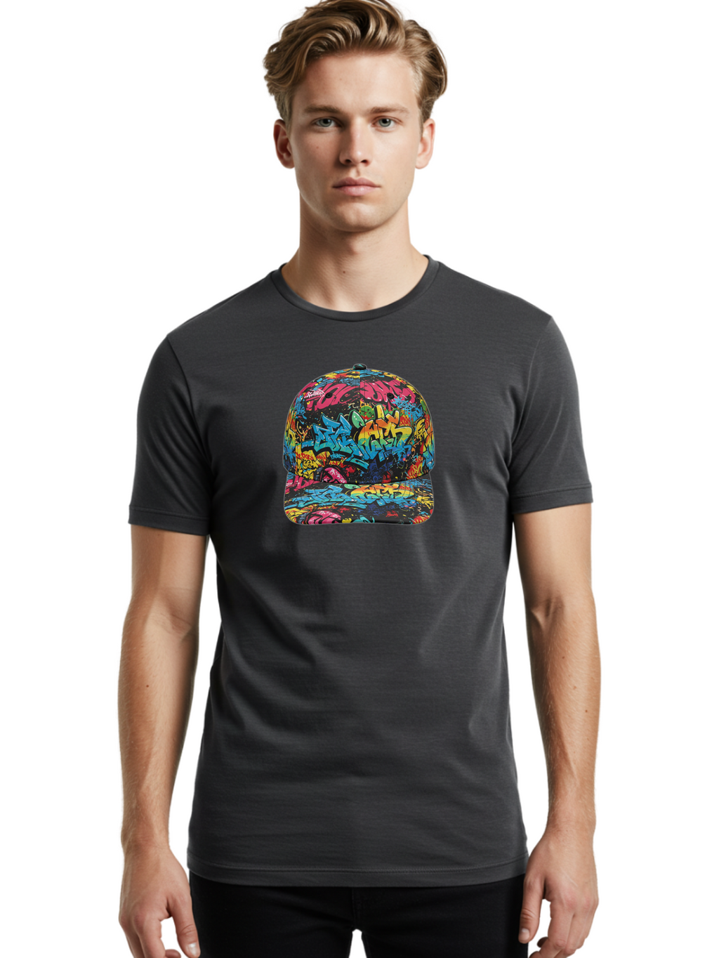 Graffiti-Baseball-Cap-2 Men'S Graphic Tee, 100% Cotton, Comfortable Casual Summer Wear, Machine Washable, Graffiti Baseball Cap, Streetwear Fashion, Colorful Cap, Urban Style, Trendy Accessories, Graffiti Art, Vibrant Colors, Casual Wear Bad163