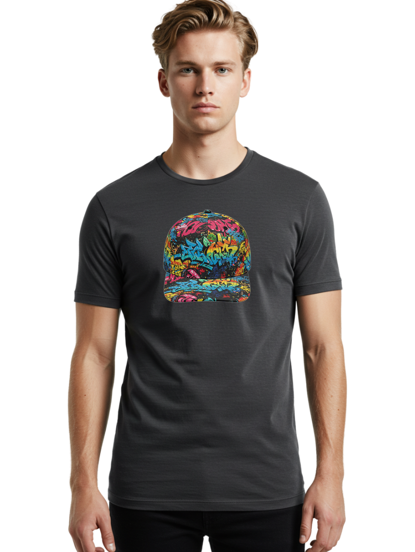 Graffiti-Baseball-Cap-2 Men'S Graphic Tee, 100% Cotton, Comfortable Casual Summer Wear, Machine Washable, Graffiti Baseball Cap, Streetwear Fashion, Colorful Cap, Urban Style, Trendy Accessories, Graffiti Art, Vibrant Colors, Casual Wear Bad163