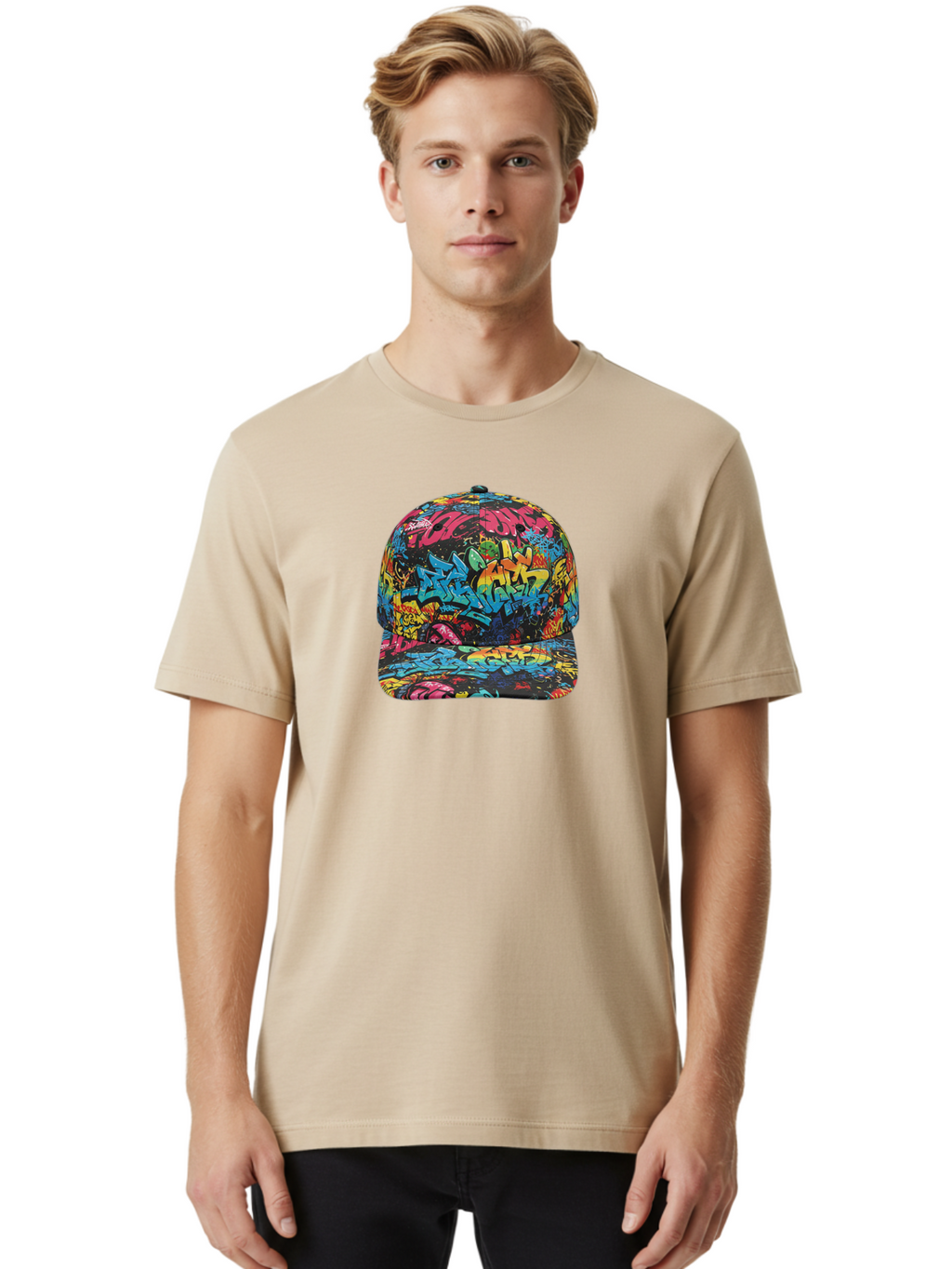 Graffiti-Baseball-Cap-2 Men'S Graphic Tee, 100% Cotton, Comfortable Casual Summer Wear, Machine Washable, Graffiti Baseball Cap, Streetwear Fashion, Colorful Cap, Urban Style, Trendy Accessories, Graffiti Art, Vibrant Colors, Casual Wear Bad163