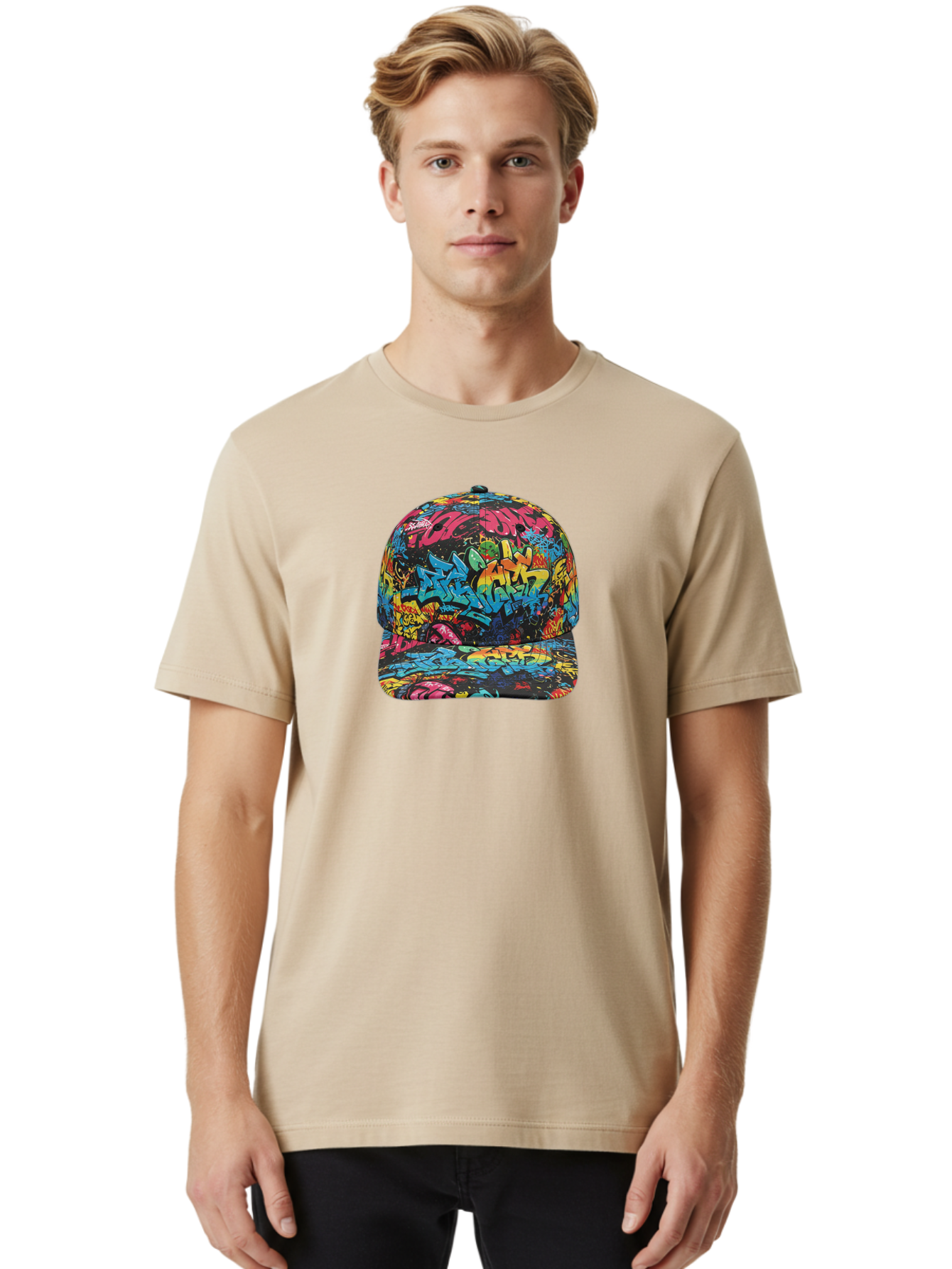 Graffiti-Baseball-Cap-2 Men'S Graphic Tee, 100% Cotton, Comfortable Casual Summer Wear, Machine Washable, Graffiti Baseball Cap, Streetwear Fashion, Colorful Cap, Urban Style, Trendy Accessories, Graffiti Art, Vibrant Colors, Casual Wear Bad163