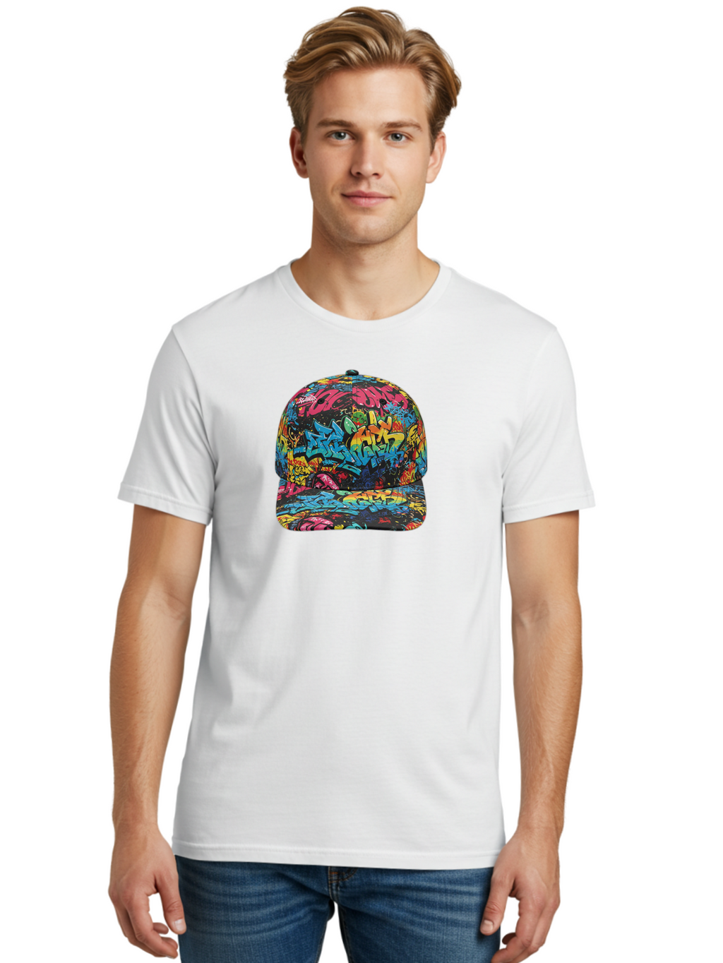 Graffiti-Baseball-Cap-2 Men'S Graphic Tee, 100% Cotton, Comfortable Casual Summer Wear, Machine Washable, Graffiti Baseball Cap, Streetwear Fashion, Colorful Cap, Urban Style, Trendy Accessories, Graffiti Art, Vibrant Colors, Casual Wear Bad163