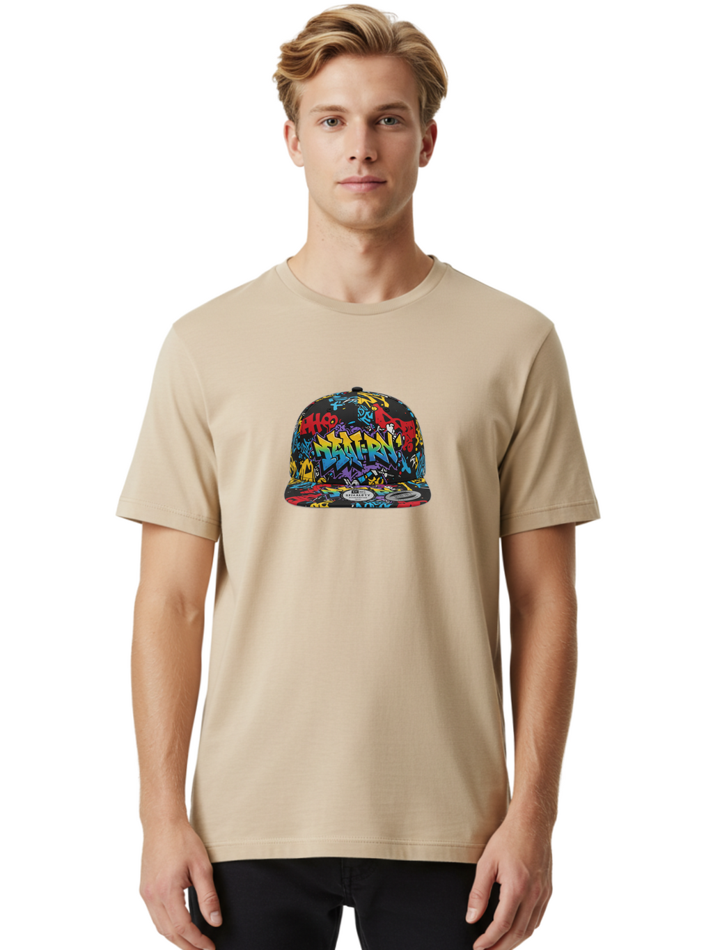 Graffiti-Baseball-Cap Men'S Graphic Tee, 100% Cotton, Comfortable Casual Summer Wear, Machine Washable, Graffiti Art, Colorful Hat, Streetwear Fashion, Baseball Cap, Urban Style, Vibrant Colors, New Era Label, Bold Graphics, Bad164