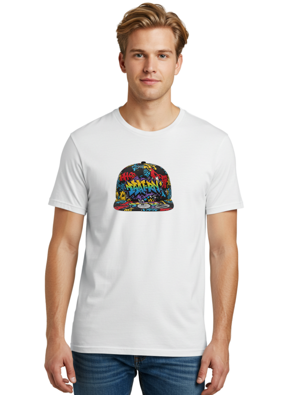 Graffiti-Baseball-Cap Men'S Graphic Tee, 100% Cotton, Comfortable Casual Summer Wear, Machine Washable, Graffiti Art, Colorful Hat, Streetwear Fashion, Baseball Cap, Urban Style, Vibrant Colors, New Era Label, Bold Graphics, Bad164