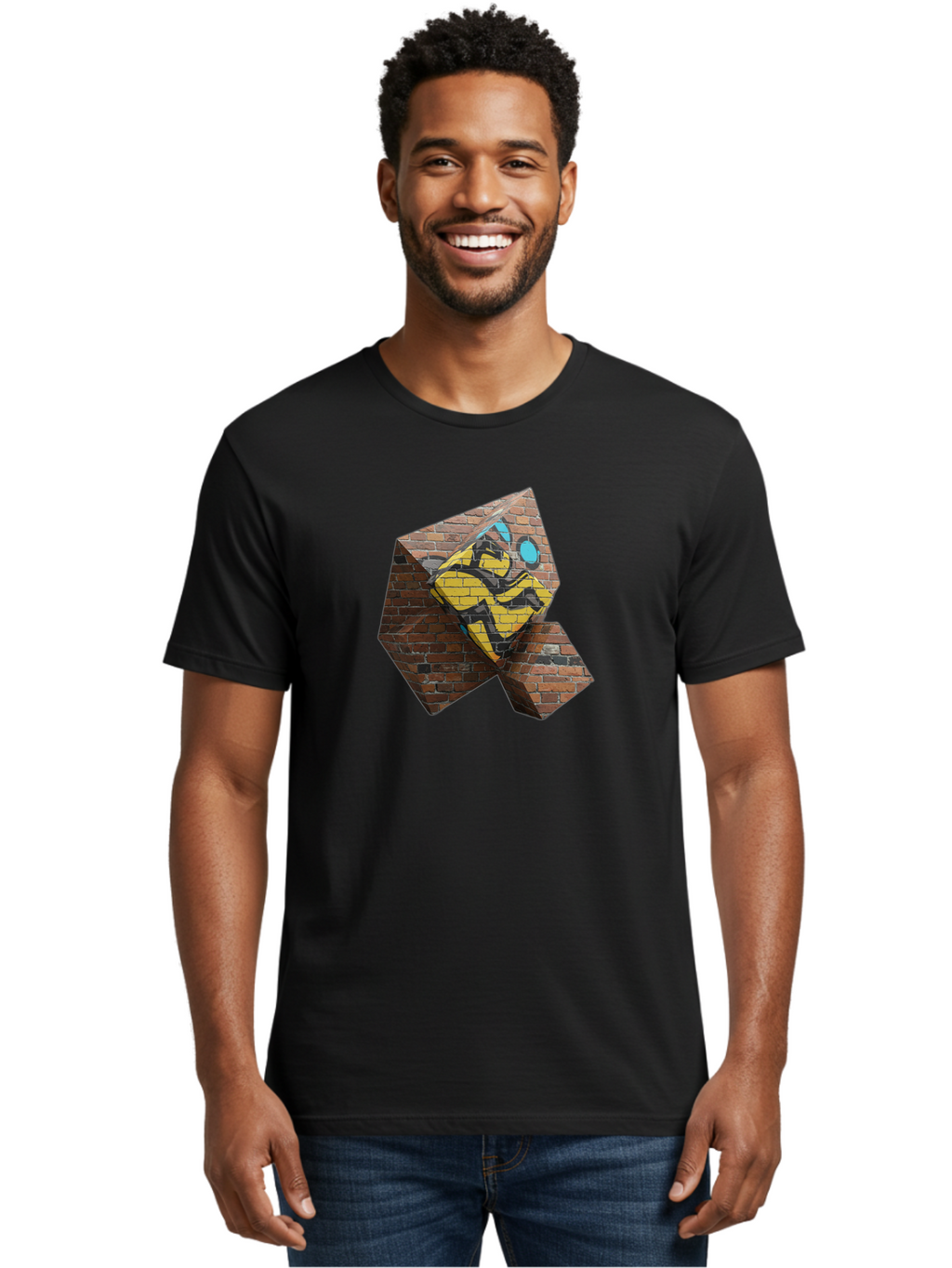 Graffiti-Peace-Sign Men'S Graphic Tee, 100% Cotton, Comfortable Casual Summer Wear, Machine Washable, Graffiti Art, Street Art, Urban Culture, Vandalism, Yellow And Black Colors, Abstract Design, Fragmented Brick Wall, 3D Effect, Bad165