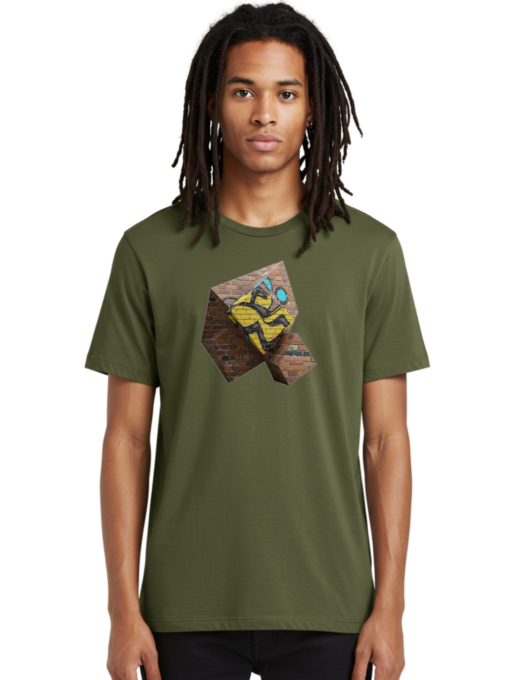 Graffiti-Peace-Sign Men'S Graphic Tee, 100% Cotton, Comfortable Casual Summer Wear, Machine Washable, Graffiti Art, Street Art, Urban Culture, Vandalism, Yellow And Black Colors, Abstract Design, Fragmented Brick Wall, 3D Effect, Bad165