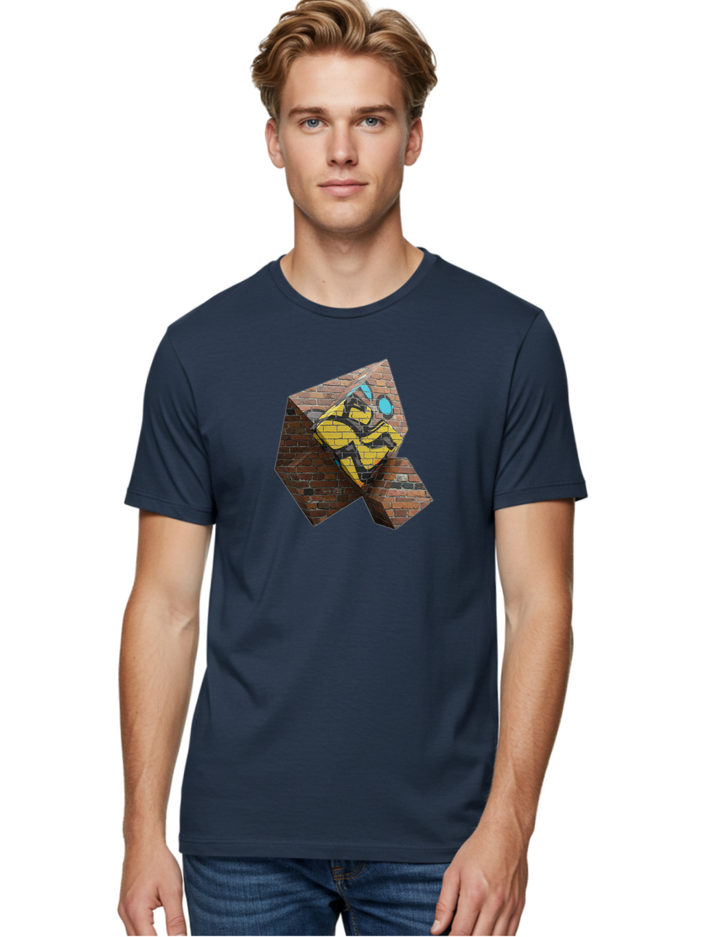 Graffiti-Peace-Sign Men'S Graphic Tee, 100% Cotton, Comfortable Casual Summer Wear, Machine Washable, Graffiti Art, Street Art, Urban Culture, Vandalism, Yellow And Black Colors, Abstract Design, Fragmented Brick Wall, 3D Effect, Bad165