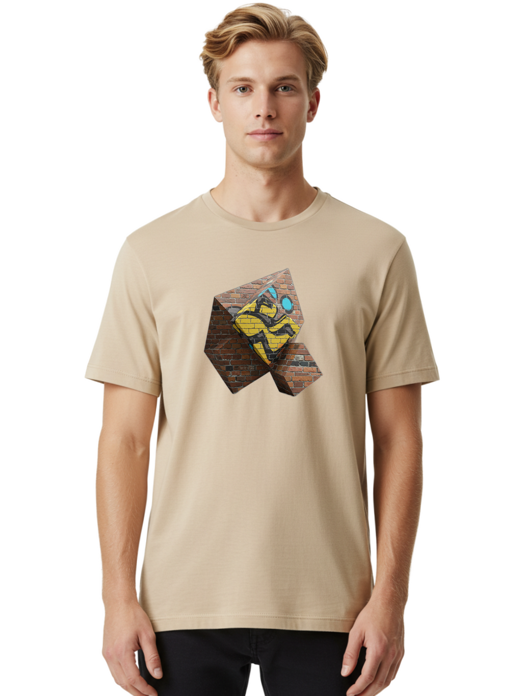 Graffiti-Peace-Sign Men'S Graphic Tee, 100% Cotton, Comfortable Casual Summer Wear, Machine Washable, Graffiti Art, Street Art, Urban Culture, Vandalism, Yellow And Black Colors, Abstract Design, Fragmented Brick Wall, 3D Effect, Bad165