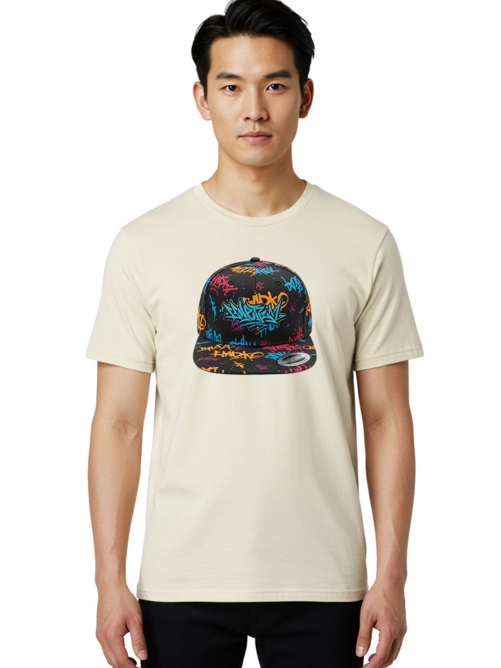 Graffiti-Snapback Men'S Graphic Tee, 100% Cotton, Comfortable Casual Summer Wear, Machine Washable, Graffiti Cap, Urban Style, Streetwear Fashion, Black Baseball Cap, Colorful Graffiti, Bold Design, Trendy Accessory, New Era Cap, Custom Hat, Bad166