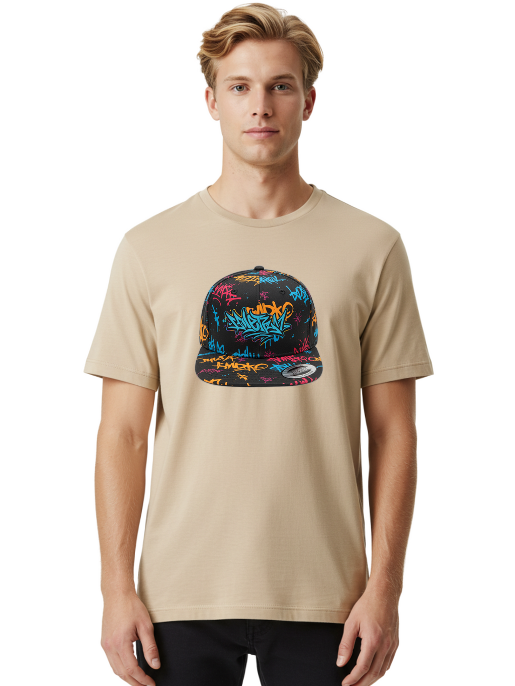 Graffiti-Snapback Men'S Graphic Tee, 100% Cotton, Comfortable Casual Summer Wear, Machine Washable, Graffiti Cap, Urban Style, Streetwear Fashion, Black Baseball Cap, Colorful Graffiti, Bold Design, Trendy Accessory, New Era Cap, Custom Hat, Bad166