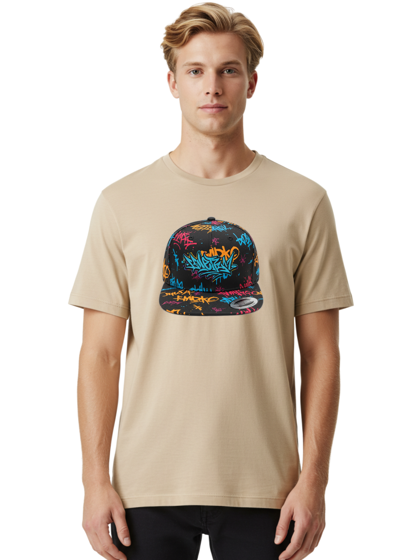 Graffiti-Snapback Men'S Graphic Tee, 100% Cotton, Comfortable Casual Summer Wear, Machine Washable, Graffiti Cap, Urban Style, Streetwear Fashion, Black Baseball Cap, Colorful Graffiti, Bold Design, Trendy Accessory, New Era Cap, Custom Hat, Bad166