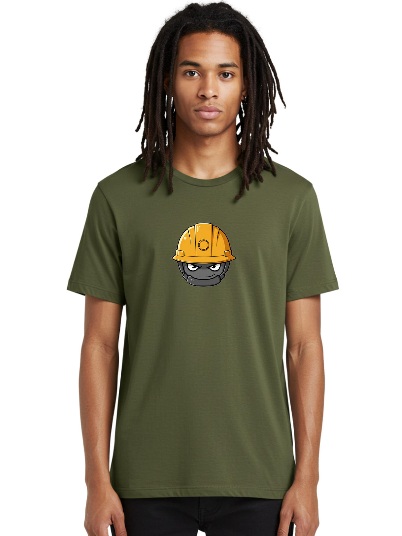 Gray-Character-In-Orange-Hard-Hat Men'S Graphic Tee, 100% Cotton, Comfortable Casual Summer Wear, Machine Washable, Construction Worker, Hard Hat, Yellow Helmet, Menacing Face, Construction Site, Laborer, Worker, Industry, Safety Gear, Bad168