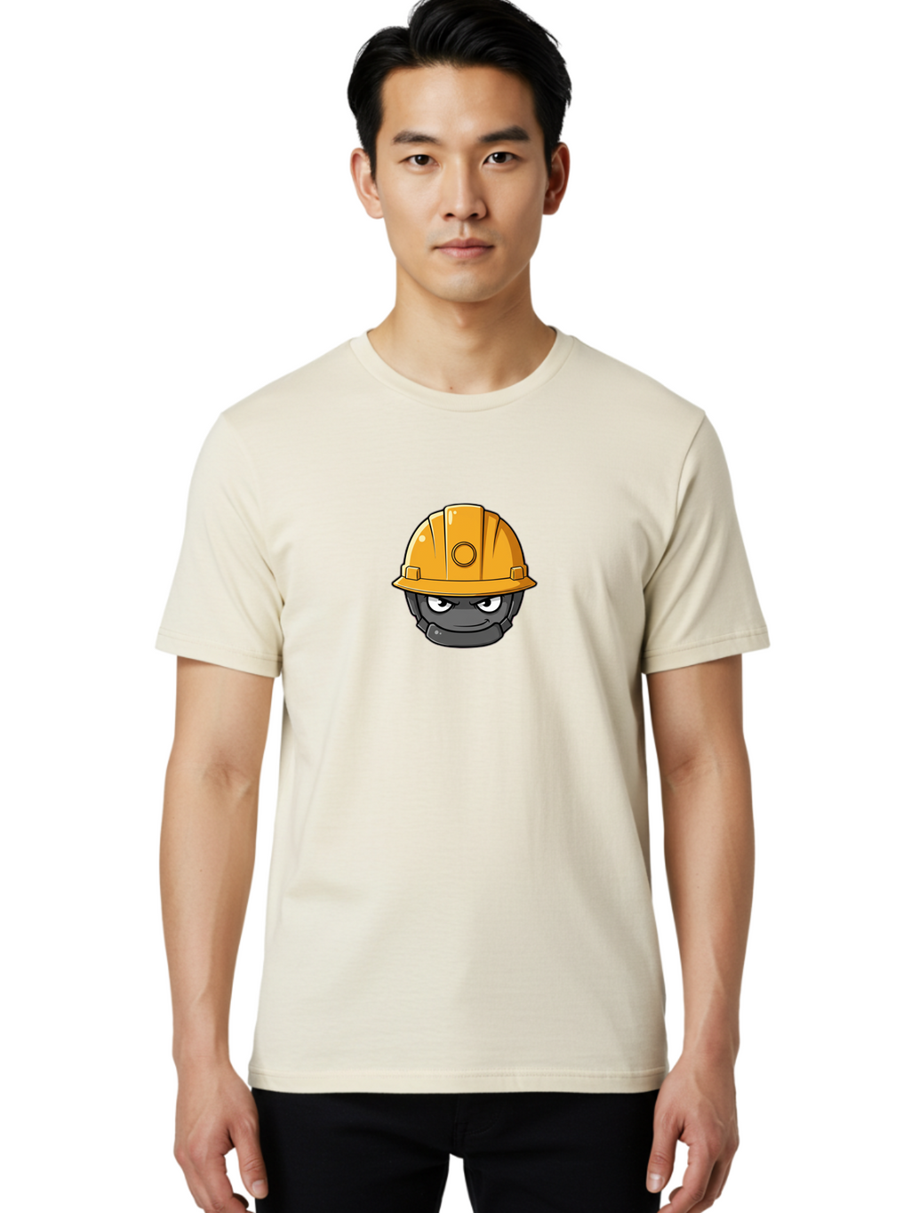Gray-Character-In-Orange-Hard-Hat Men'S Graphic Tee, 100% Cotton, Comfortable Casual Summer Wear, Machine Washable, Construction Worker, Hard Hat, Yellow Helmet, Menacing Face, Construction Site, Laborer, Worker, Industry, Safety Gear, Bad168