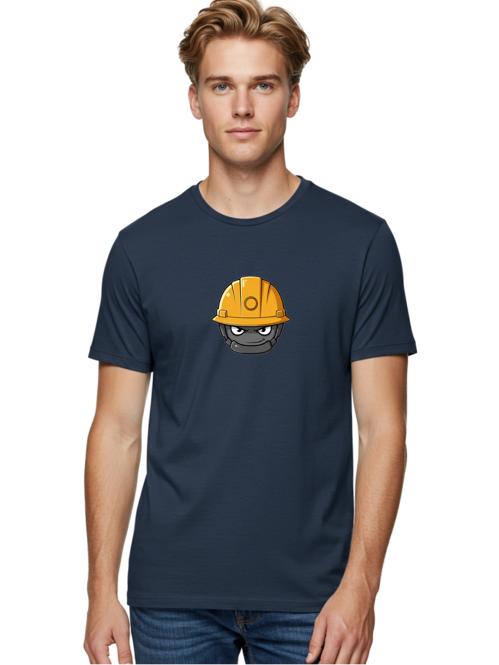 Gray-Character-In-Orange-Hard-Hat Men'S Graphic Tee, 100% Cotton, Comfortable Casual Summer Wear, Machine Washable, Construction Worker, Hard Hat, Yellow Helmet, Menacing Face, Construction Site, Laborer, Worker, Industry, Safety Gear, Bad168