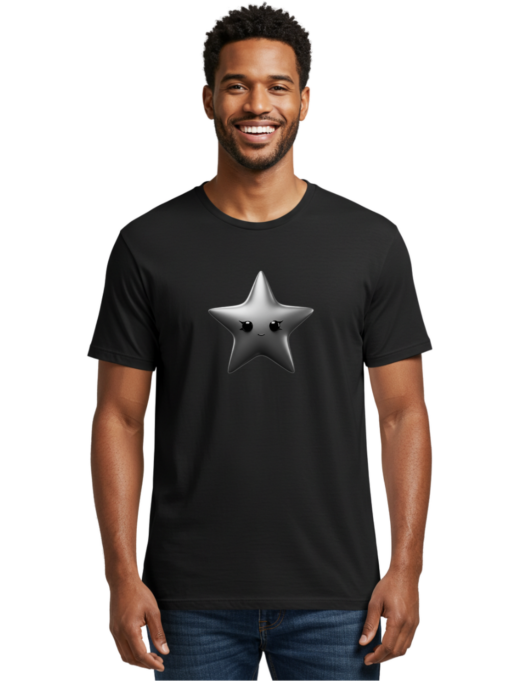 Grey-Star Men'S Graphic Tee, 100% Cotton, Comfortable Casual Summer Wear, Machine Washable, Cartoon Star, Silver Star, Cute Star, Feminine Face, Shiny, Glossy, Adorable, Charming, Whimsical, Fantasy Bad169