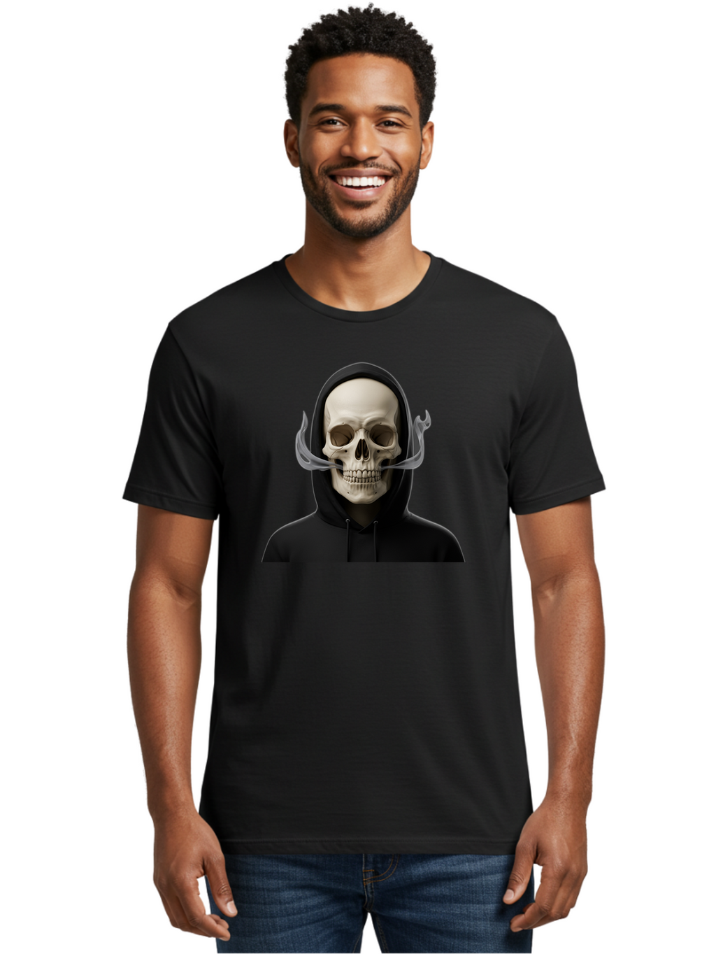 Grim-Reaper-Skull Men'S Graphic Tee, 100% Cotton, Comfortable Casual Summer Wear, Machine Washable, Skull Wearing Hoodie, Ghostly Figure, Surreal Art, Mystical Creature, Dark Fantasy, Eerie Atmosphere, Gothic Style, Mysterious Entity, Bad170