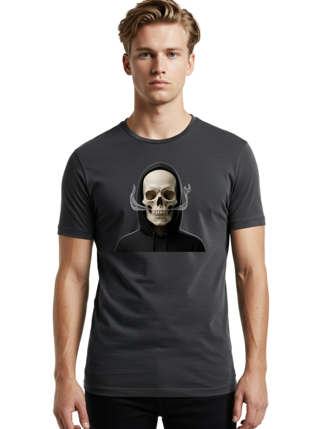 Grim-Reaper-Skull Men'S Graphic Tee, 100% Cotton, Comfortable Casual Summer Wear, Machine Washable, Skull Wearing Hoodie, Ghostly Figure, Surreal Art, Mystical Creature, Dark Fantasy, Eerie Atmosphere, Gothic Style, Mysterious Entity, Bad170
