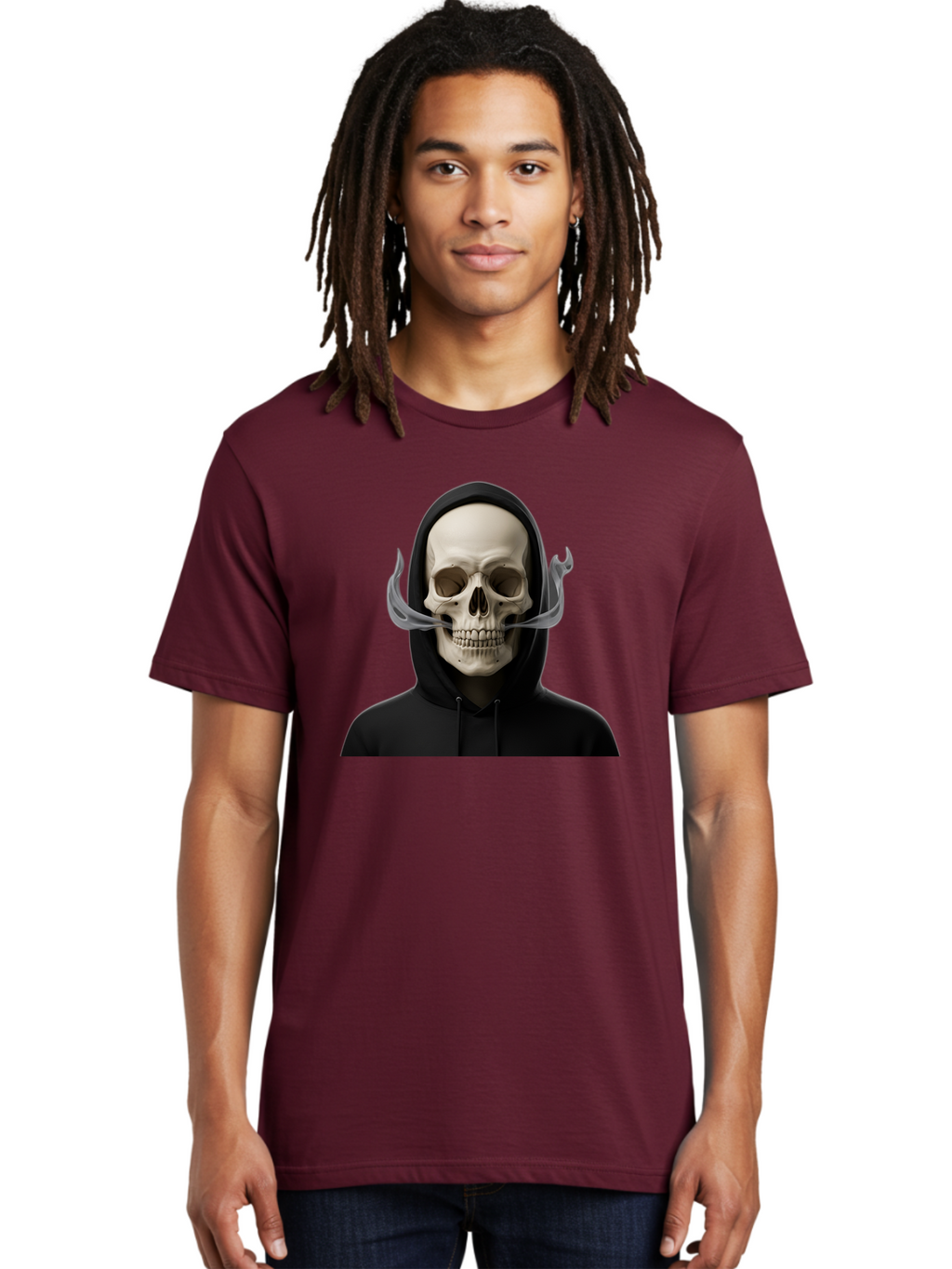 Grim-Reaper-Skull Men'S Graphic Tee, 100% Cotton, Comfortable Casual Summer Wear, Machine Washable, Skull Wearing Hoodie, Ghostly Figure, Surreal Art, Mystical Creature, Dark Fantasy, Eerie Atmosphere, Gothic Style, Mysterious Entity, Bad170