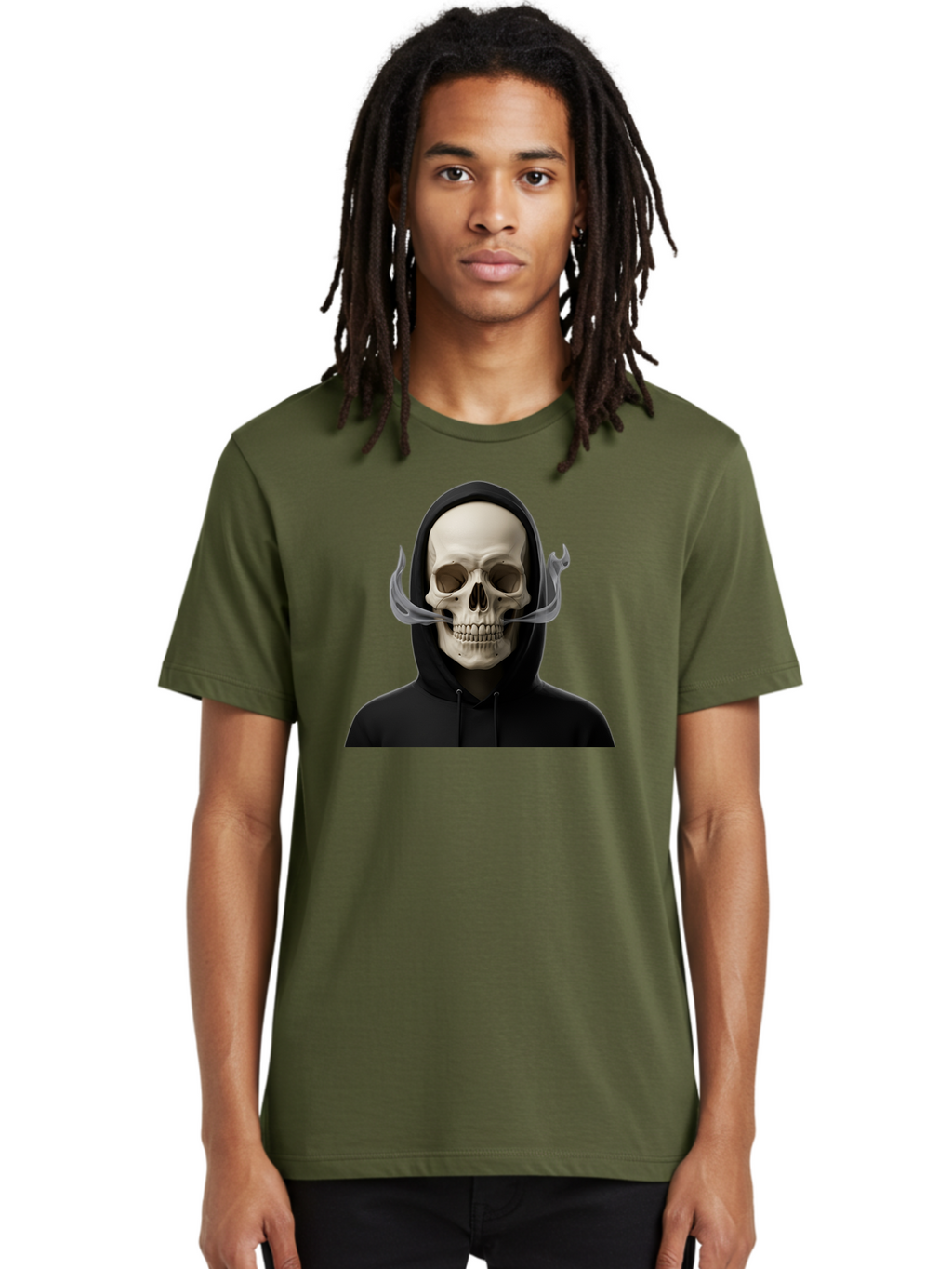 Grim-Reaper-Skull Men'S Graphic Tee, 100% Cotton, Comfortable Casual Summer Wear, Machine Washable, Skull Wearing Hoodie, Ghostly Figure, Surreal Art, Mystical Creature, Dark Fantasy, Eerie Atmosphere, Gothic Style, Mysterious Entity, Bad170