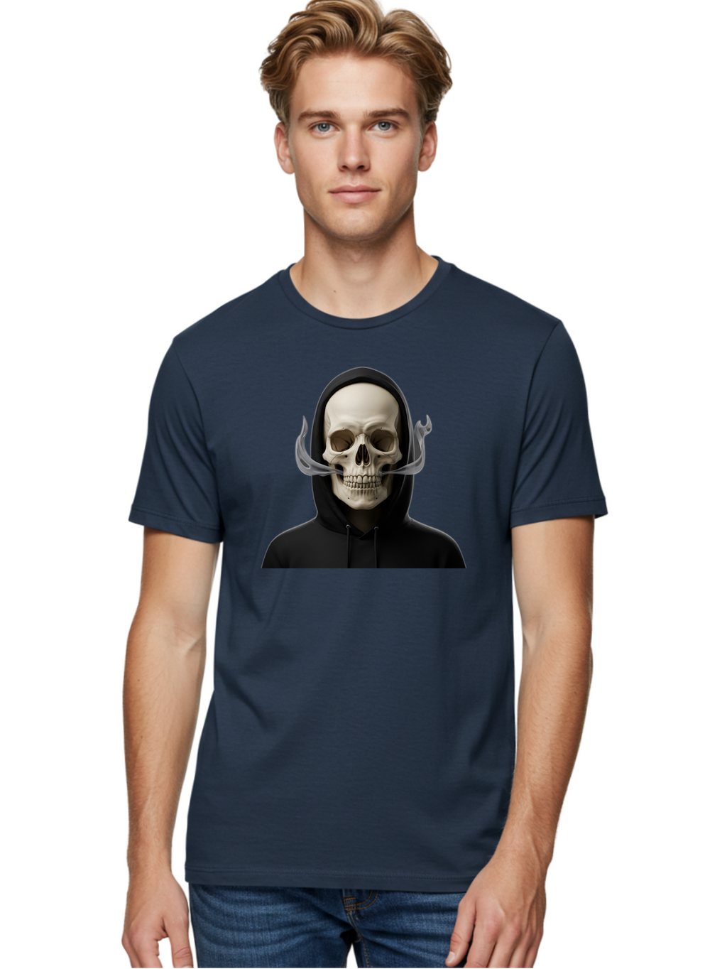 Grim-Reaper-Skull Men'S Graphic Tee, 100% Cotton, Comfortable Casual Summer Wear, Machine Washable, Skull Wearing Hoodie, Ghostly Figure, Surreal Art, Mystical Creature, Dark Fantasy, Eerie Atmosphere, Gothic Style, Mysterious Entity, Bad170