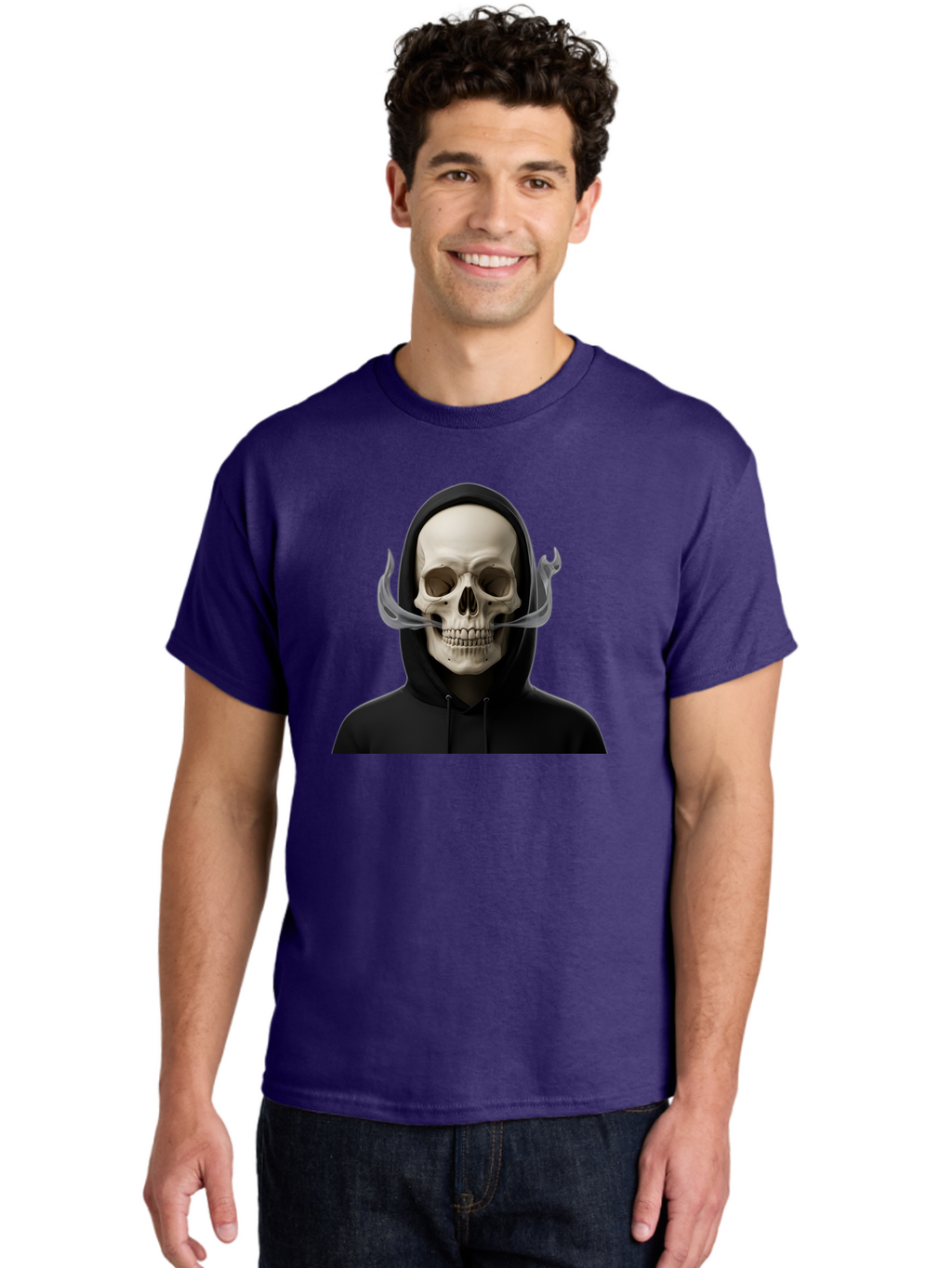 Grim-Reaper-Skull Men'S Graphic Tee, 100% Cotton, Comfortable Casual Summer Wear, Machine Washable, Skull Wearing Hoodie, Ghostly Figure, Surreal Art, Mystical Creature, Dark Fantasy, Eerie Atmosphere, Gothic Style, Mysterious Entity, Bad170