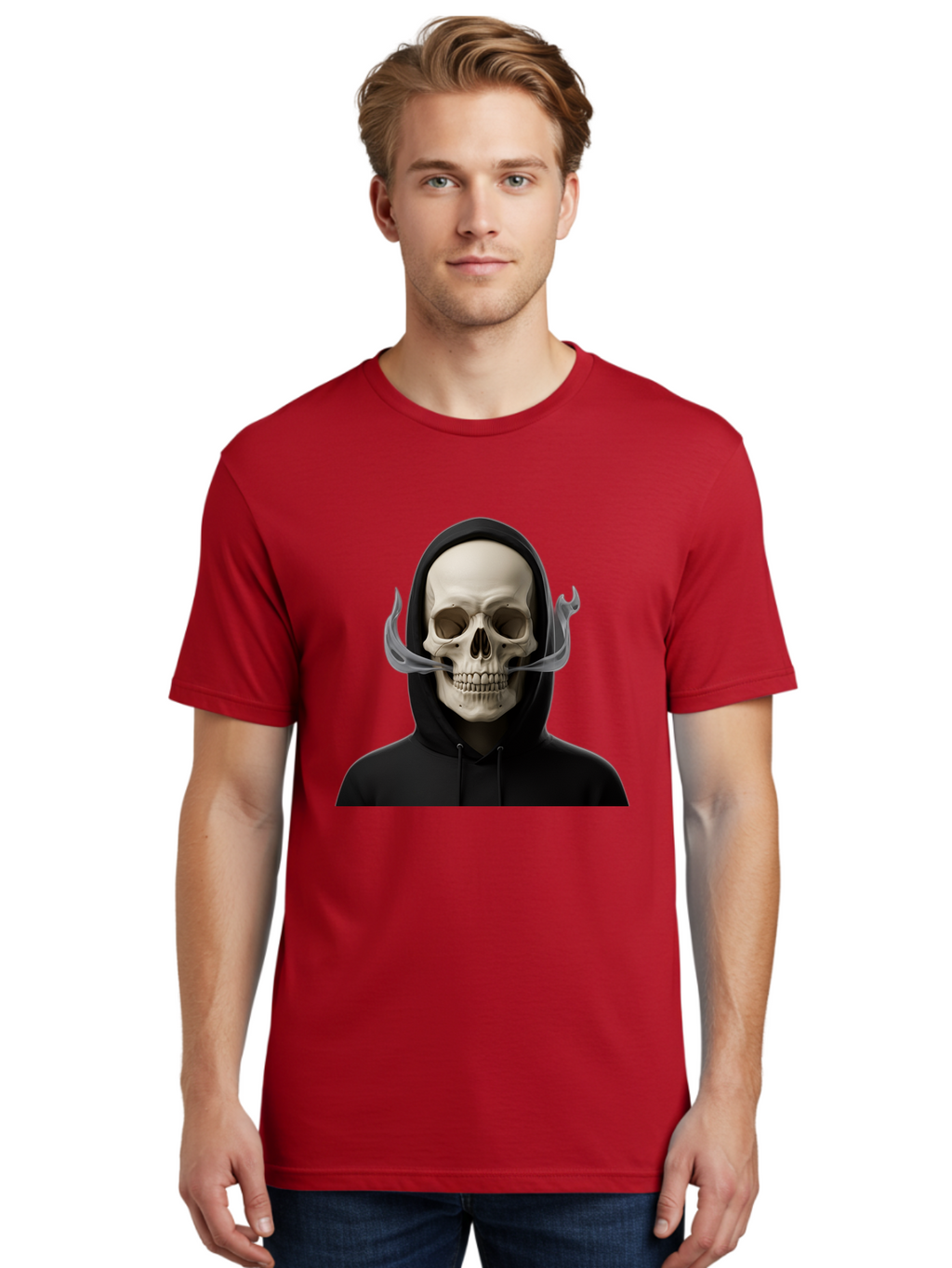 Grim-Reaper-Skull Men'S Graphic Tee, 100% Cotton, Comfortable Casual Summer Wear, Machine Washable, Skull Wearing Hoodie, Ghostly Figure, Surreal Art, Mystical Creature, Dark Fantasy, Eerie Atmosphere, Gothic Style, Mysterious Entity, Bad170