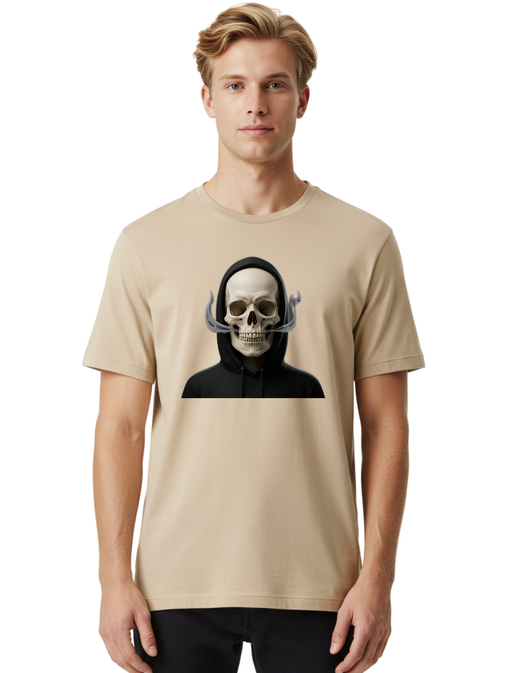 Grim-Reaper-Skull Men'S Graphic Tee, 100% Cotton, Comfortable Casual Summer Wear, Machine Washable, Skull Wearing Hoodie, Ghostly Figure, Surreal Art, Mystical Creature, Dark Fantasy, Eerie Atmosphere, Gothic Style, Mysterious Entity, Bad170